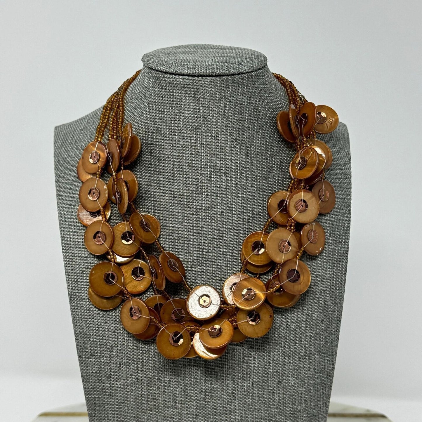 Gold Beaded Shell Layered Necklace Textured Boho Chic Beachy Shimmer 16”
