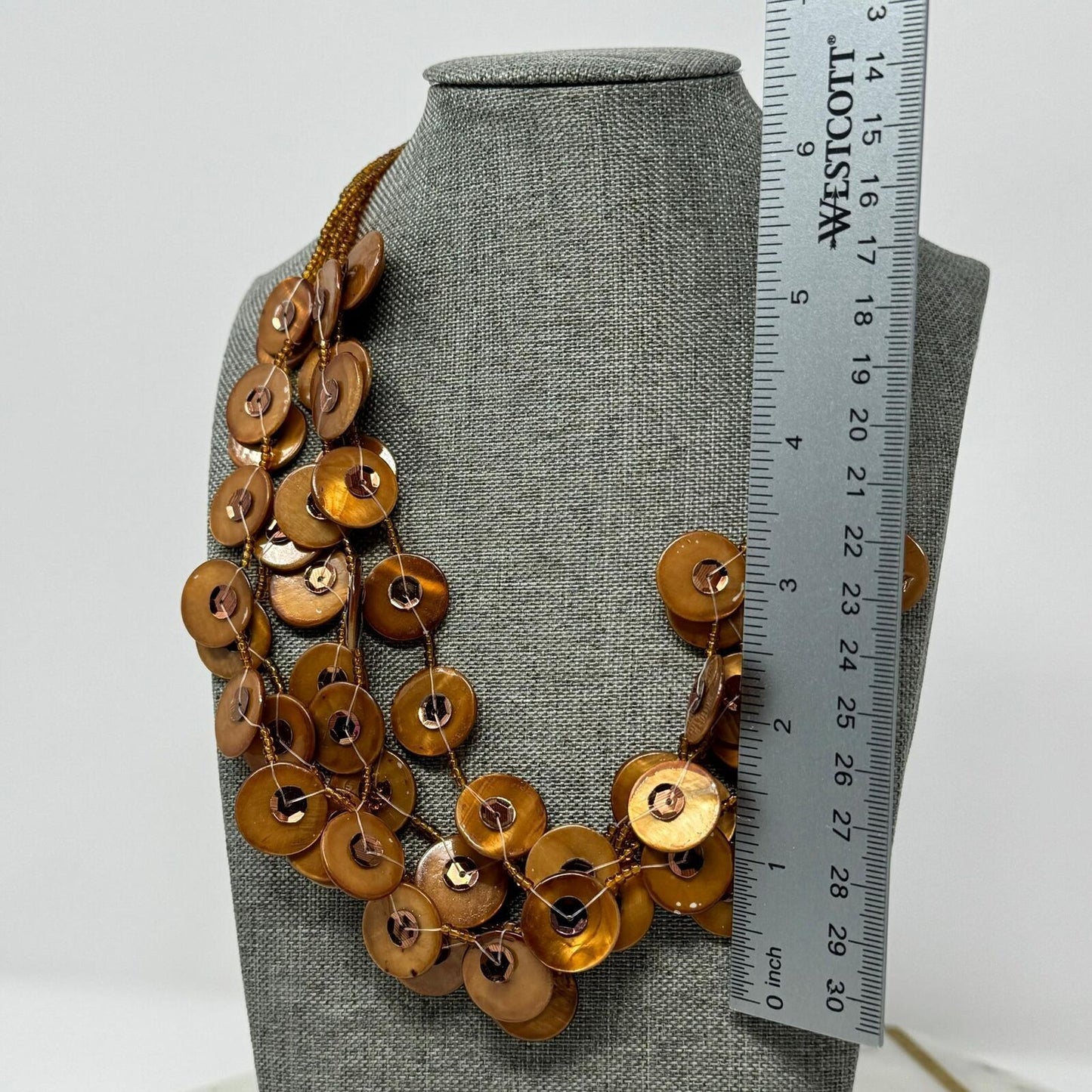 Gold Beaded Shell Layered Necklace Textured Boho Chic Beachy Shimmer 16”