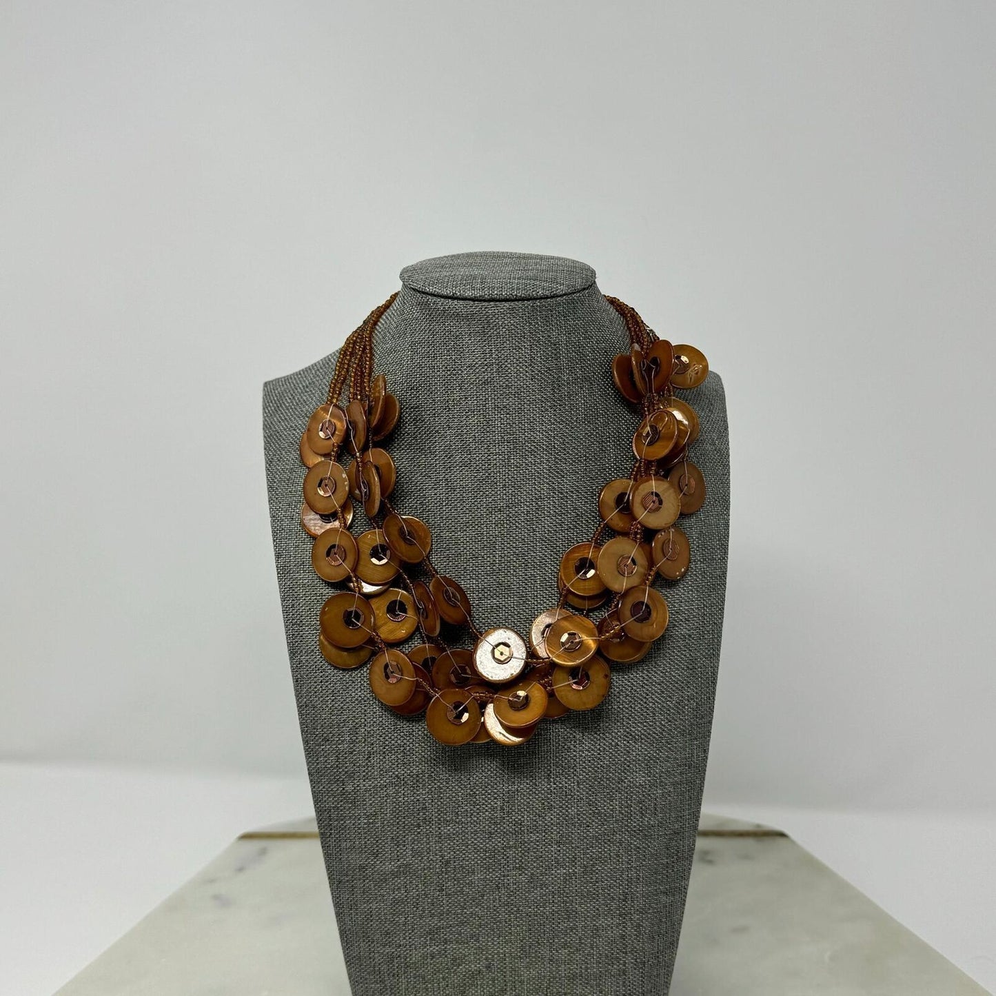 Gold Beaded Shell Layered Necklace Textured Boho Chic Beachy Shimmer 16”