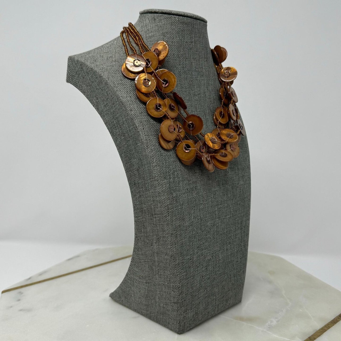 Gold Beaded Shell Layered Necklace Textured Boho Chic Beachy Shimmer 16”