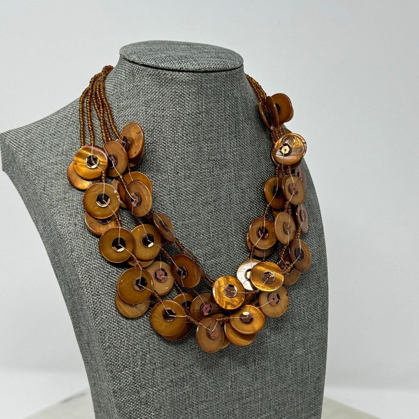 Gold Beaded Shell Layered Necklace Textured Boho Chic Beachy Shimmer 16”