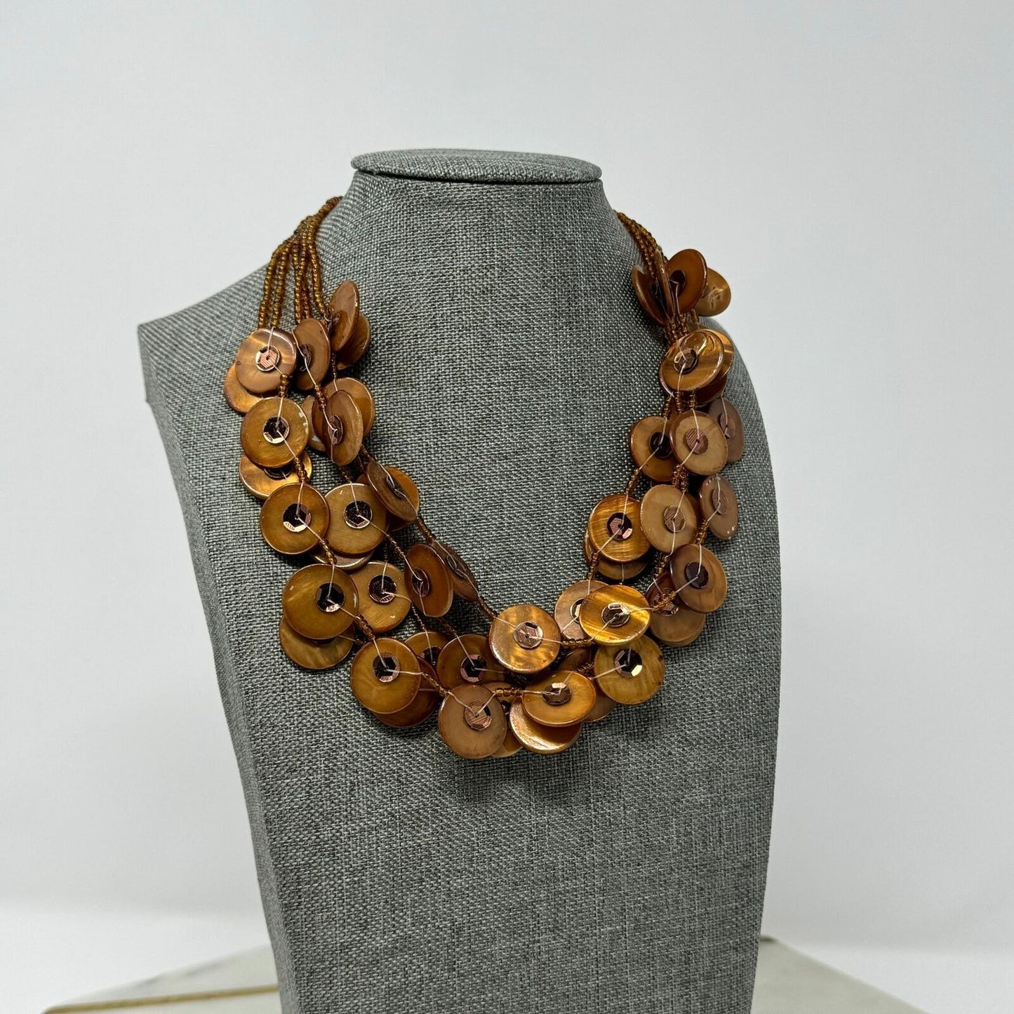 Gold Beaded Shell Layered Necklace Textured Boho Chic Beachy Shimmer 16”