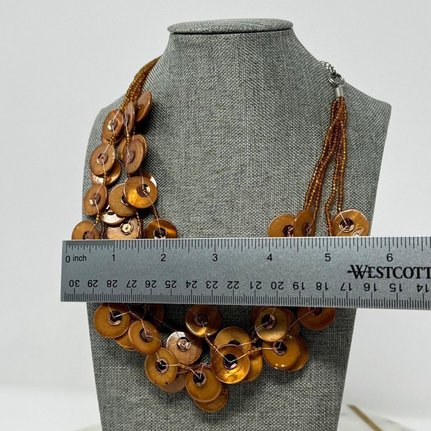 Gold Beaded Shell Layered Necklace Textured Boho Chic Beachy Shimmer 16”