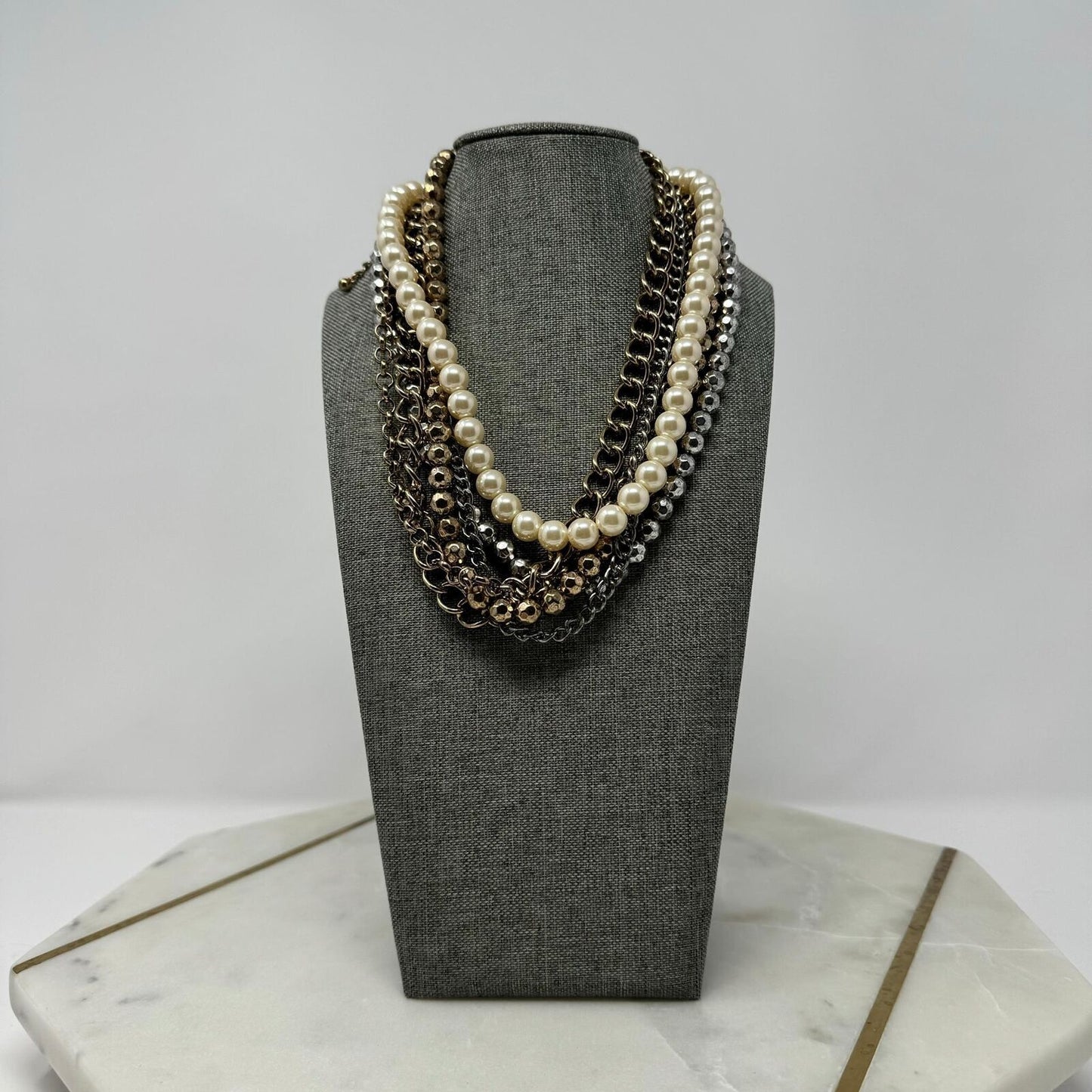 Premier Designs Pearl Chain Layer Necklace Shimmer Beaded Accents Rustic Bold