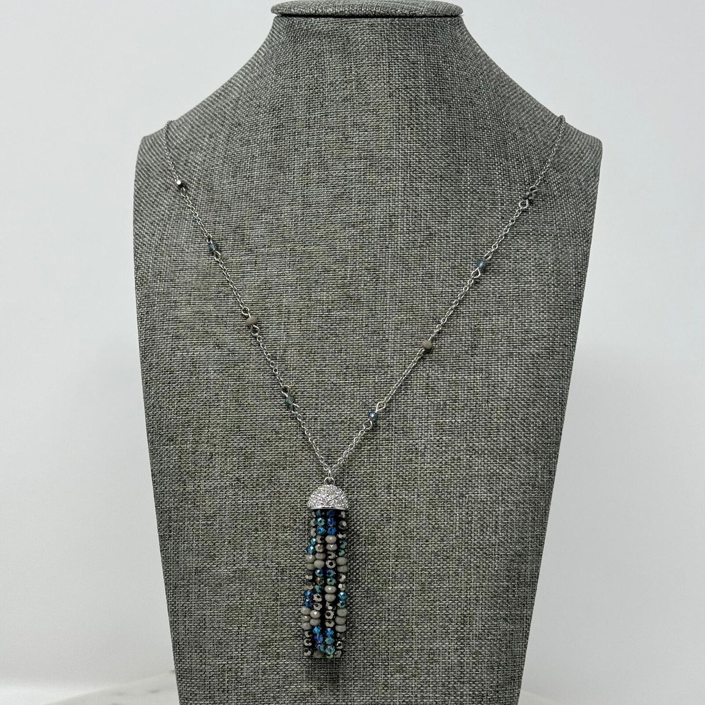 Ann Taylor Blue Jellyfish Tassel Statement Necklace Silver Accent Shimmer Chic