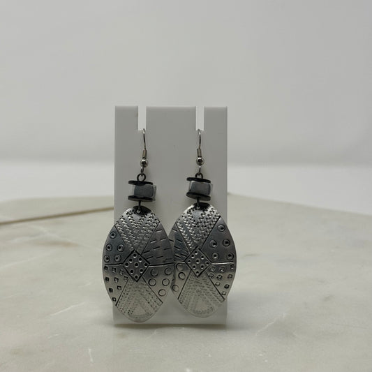 Silver Boho Oval Dangle Hook Earrings