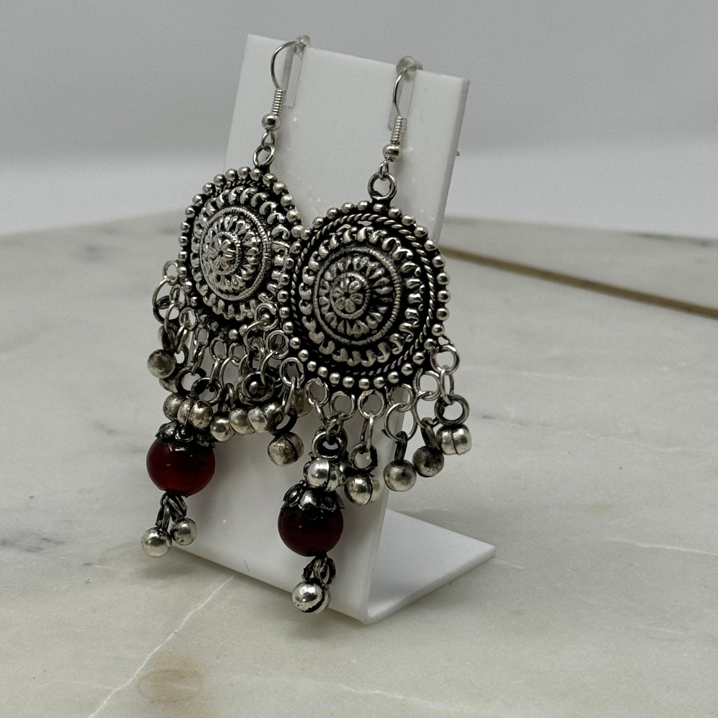Earrings Boho Southwest Silver Tone Bell Hook Dangles 3 in Drop Chandelier