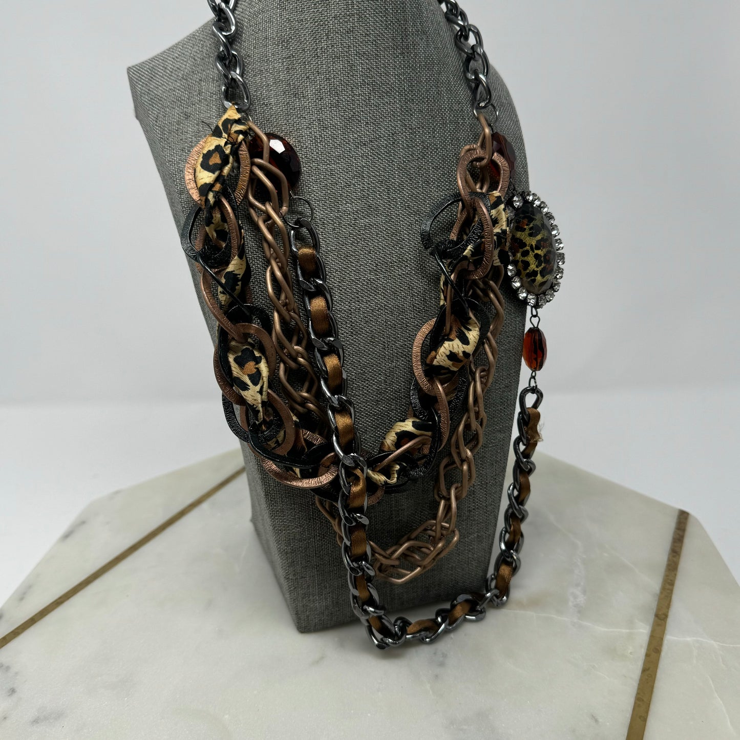 Necklace Statement Layered Chains Chunky Rhinestone Leopard Print Pendant Ribbon 18 in