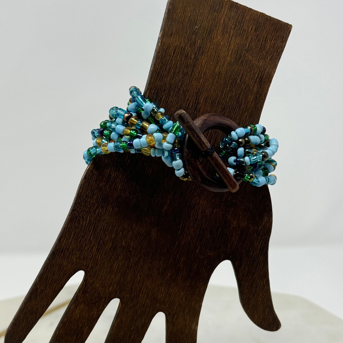 Womens Bracelet Blue Multi-Layer Seed Beaded Cuff Toggle Closure Bracelet 8 in