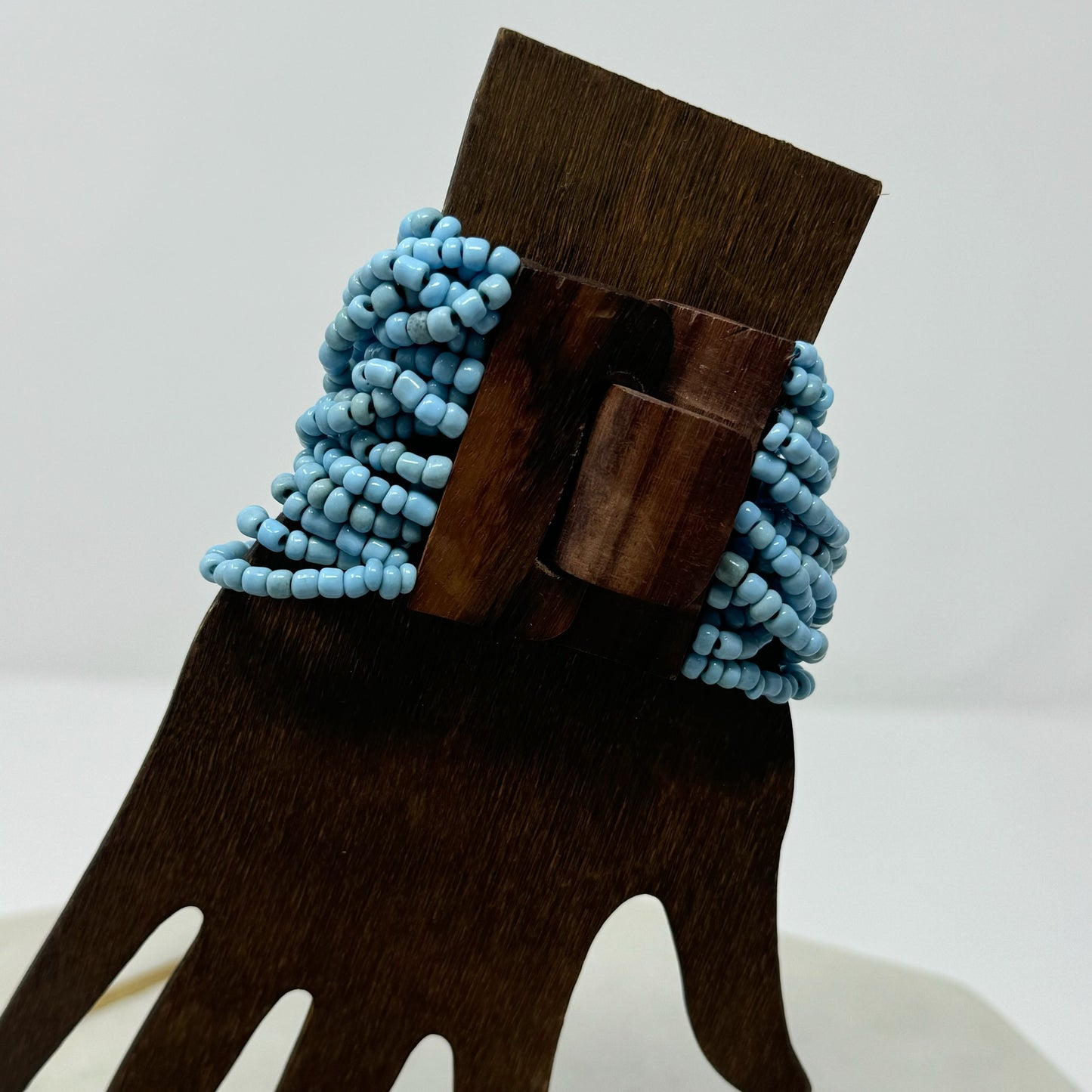 Bracelet Blue Multi-Layer Seed Beaded Cuff Wood Toggle Closure Bracelet 8 in Fashion Jewelry