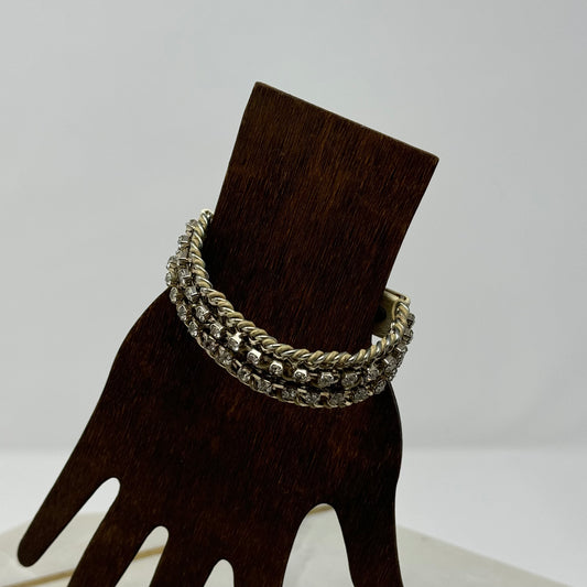 Bracelet Boho Southwest Woven Braided Beige Leather Silvertone Rhinestone Cuff Bangle 7.75 in