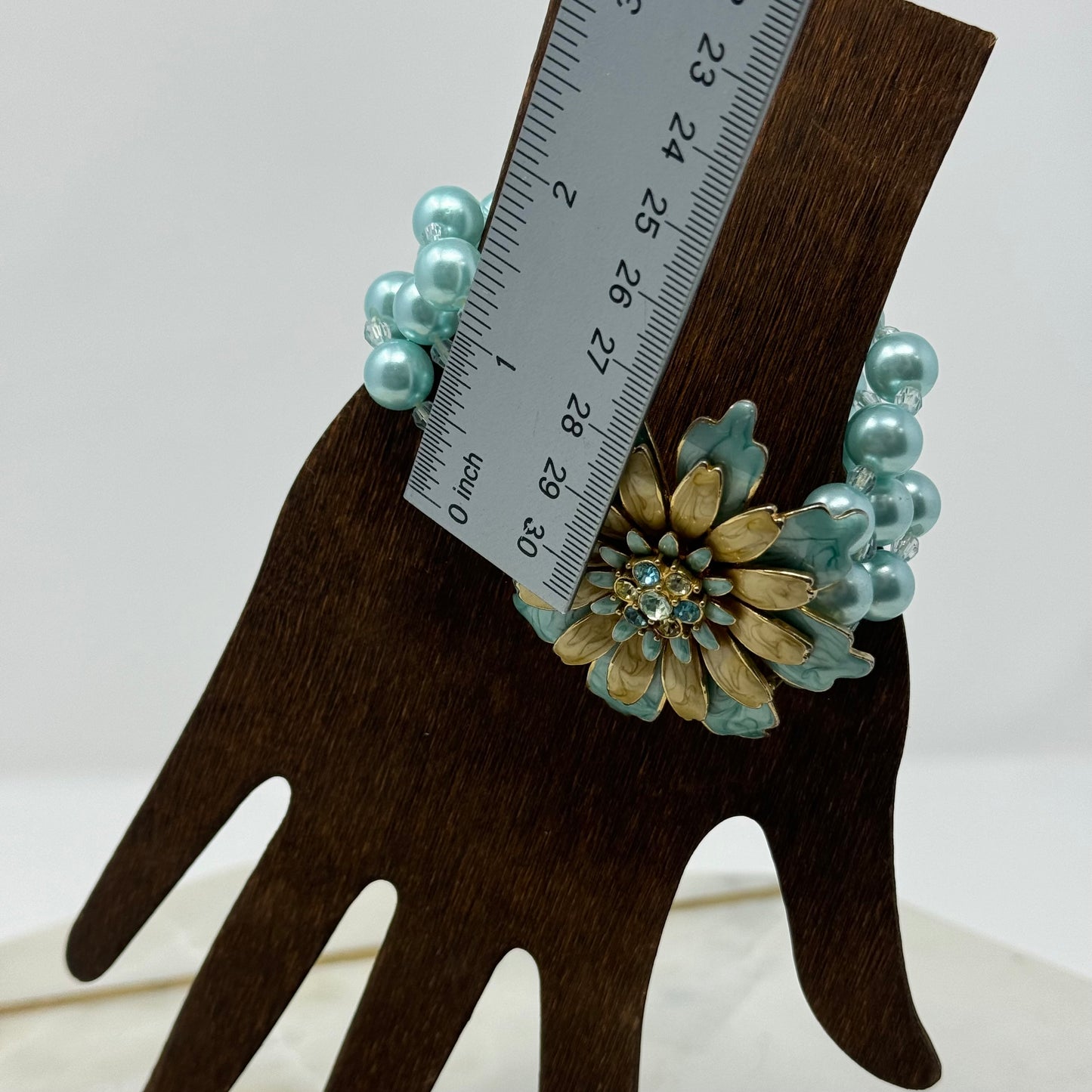 Bracelet Blue Faux Pearl Flower Accent Beaded Multi-Layer 8 in Costume Jewelry