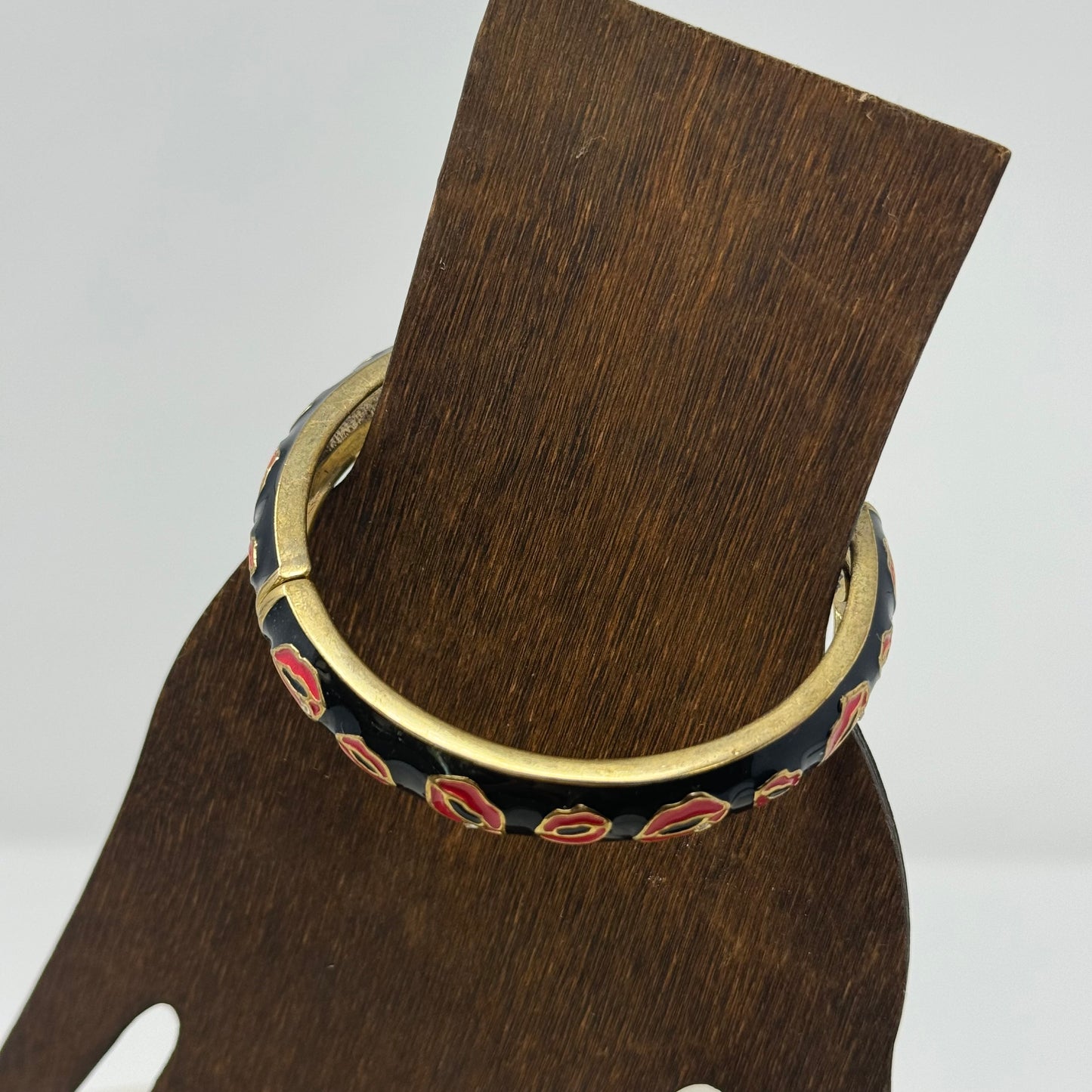 Betsy Johnson Black Enamel Bracelet with Red Lip Design Statement Jewelry