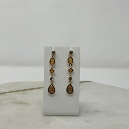 Orange Faceted Gold Tone Dangle Stud Earrings