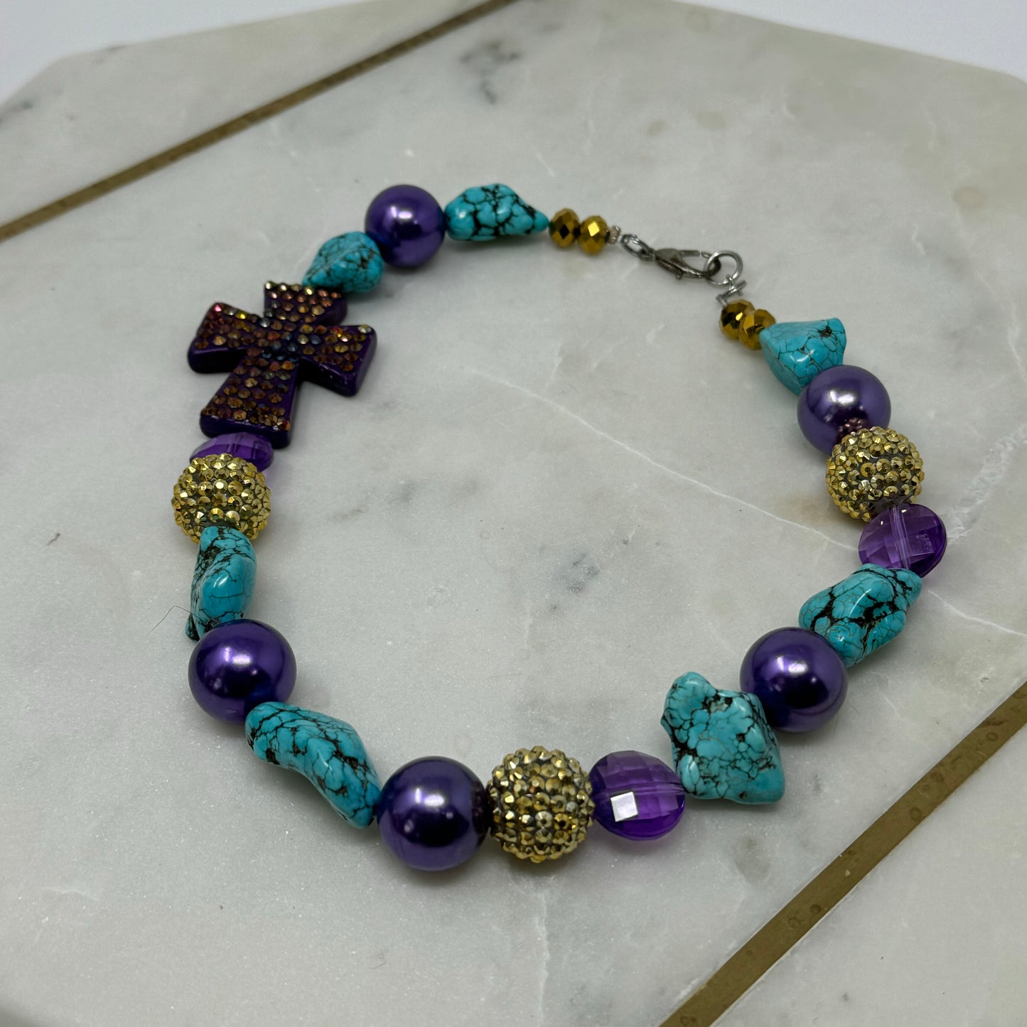 Necklace Boho Southwest Statement Chunky Beaded Pearl Purple Turquoise 20 in