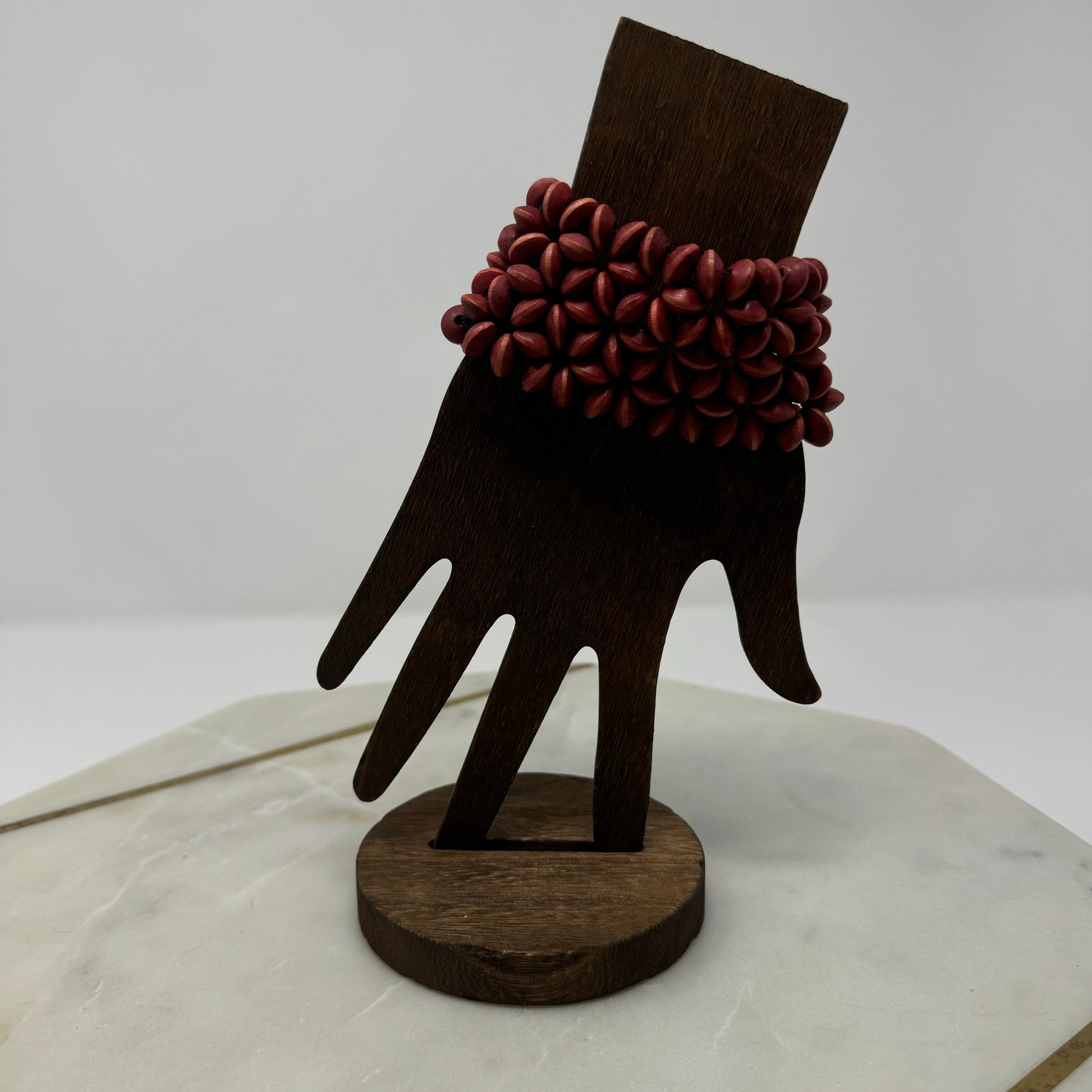 Bracelet Boho Southwest Beaded Cuff Wood Red Multi-Layer 7.75 in