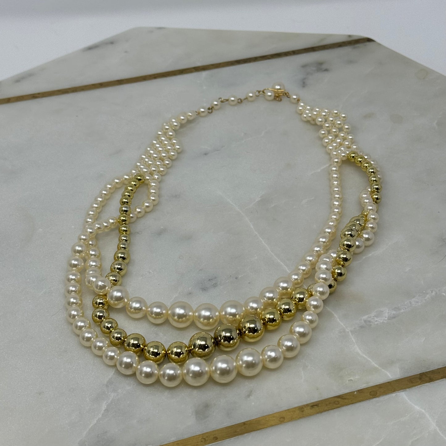 Necklace Statement Layered Beaded Strands Pearl Metallic 18 in Costume Jewelry