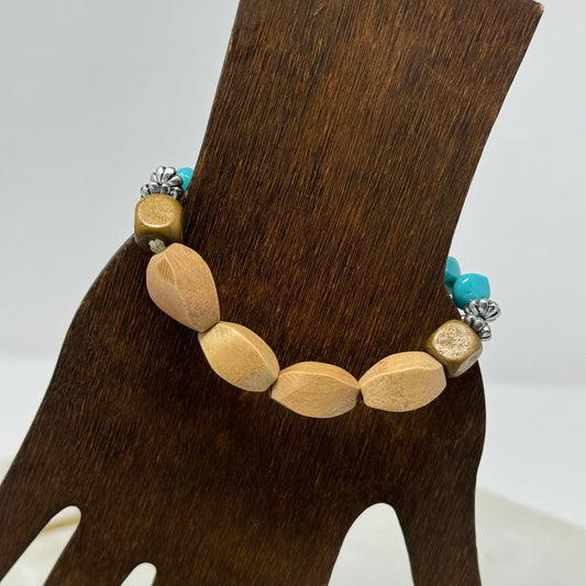 Bracelet Boho Southwest Wood Beaded Stretch Bangle Teal Blue Beige Silver 7 in