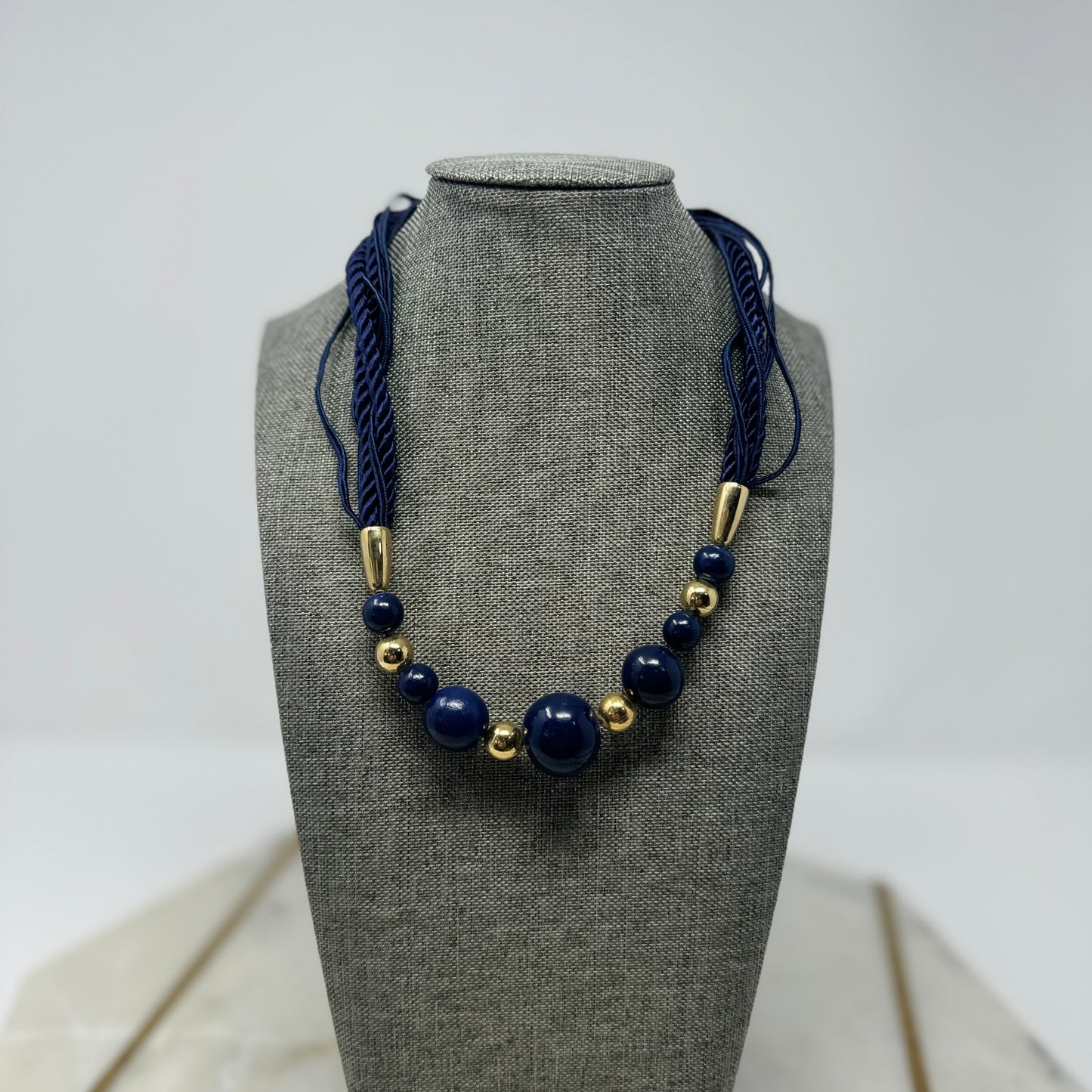 Elegant Blue & Gold Beaded Necklace with Multi-Strand Rope - Modern Statement Jewelry