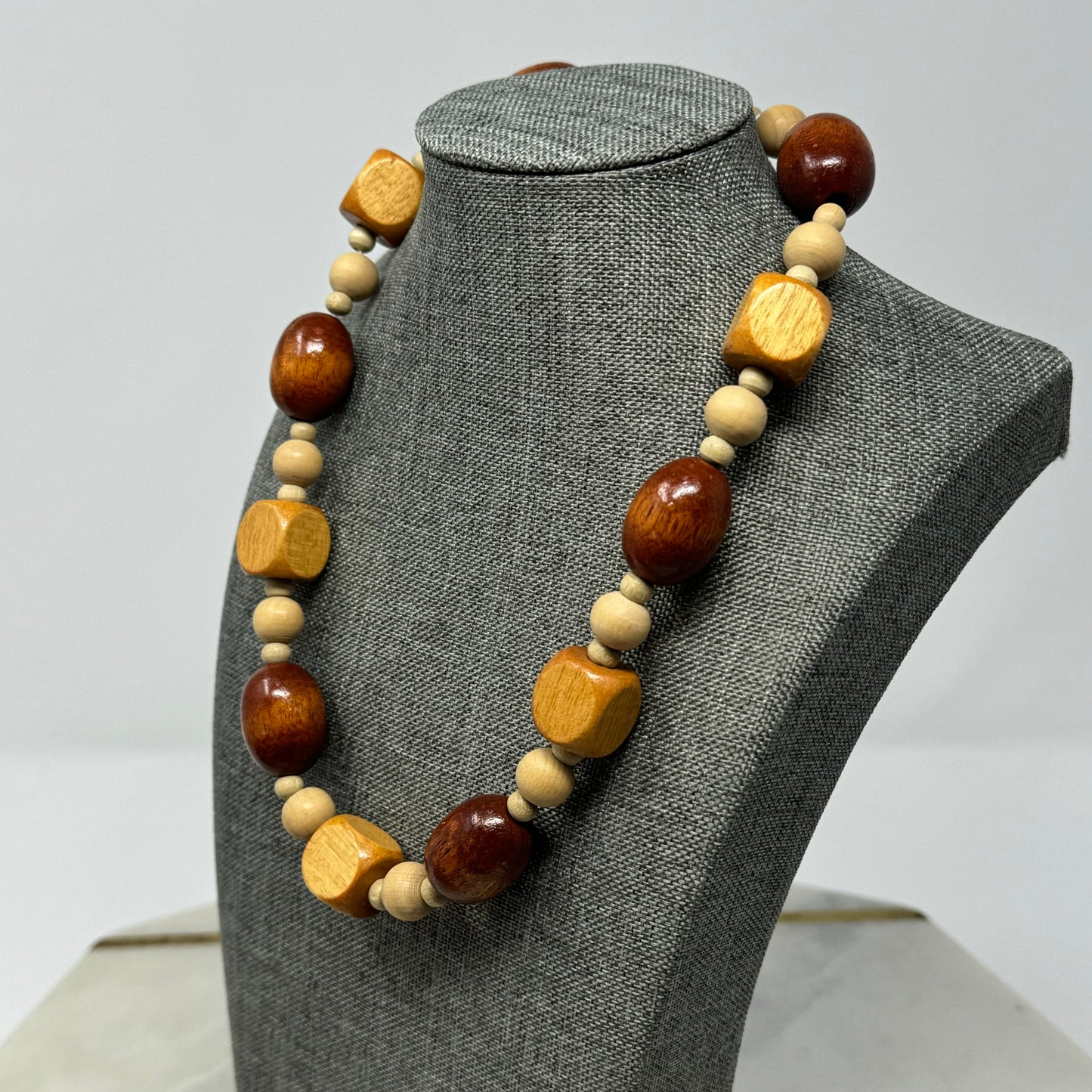 Necklace Boho Beaded Statement Wood Beige 18 inch Fashion Jewelry