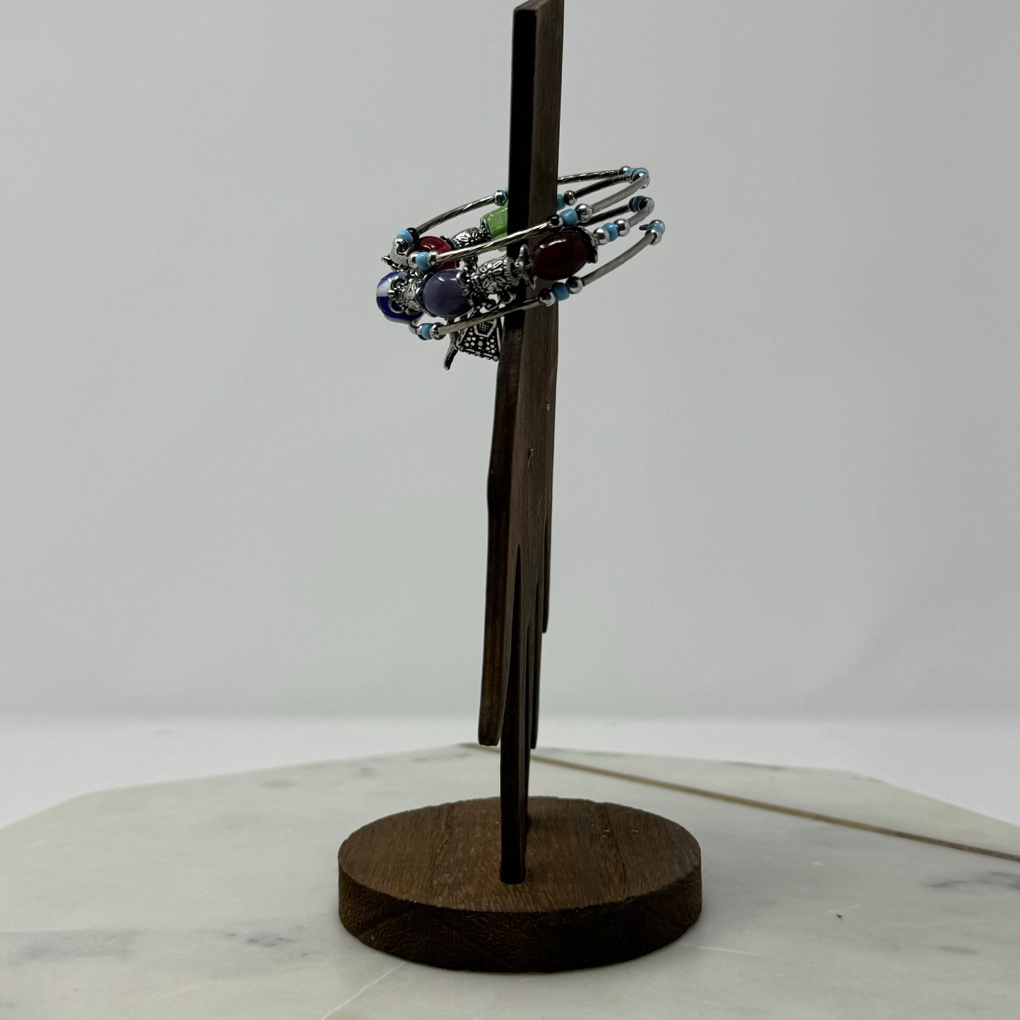 Silver Multicolor Glass Bead Wrap Charm Bracelet