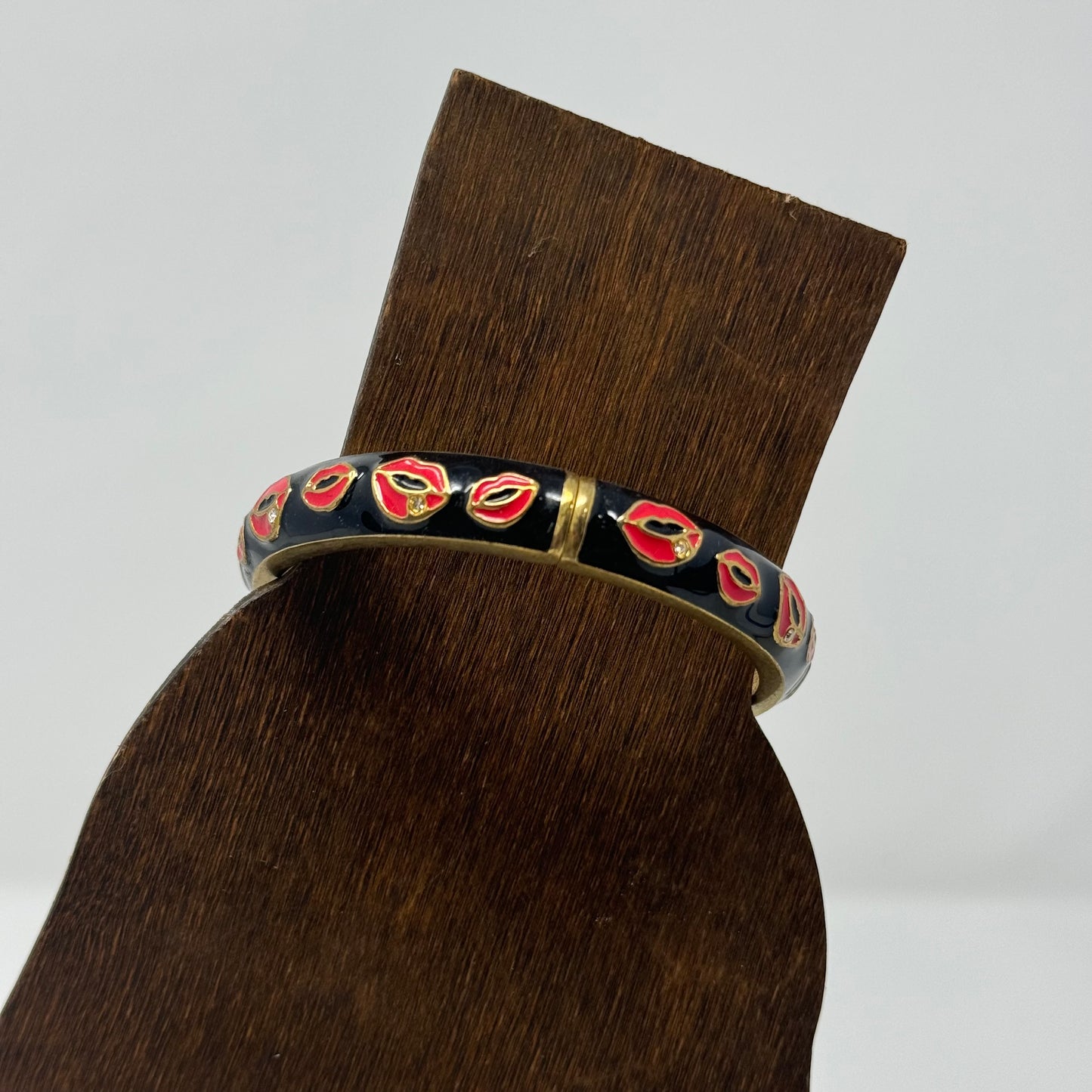 Betsy Johnson Black Enamel Bracelet with Red Lip Design Statement Jewelry
