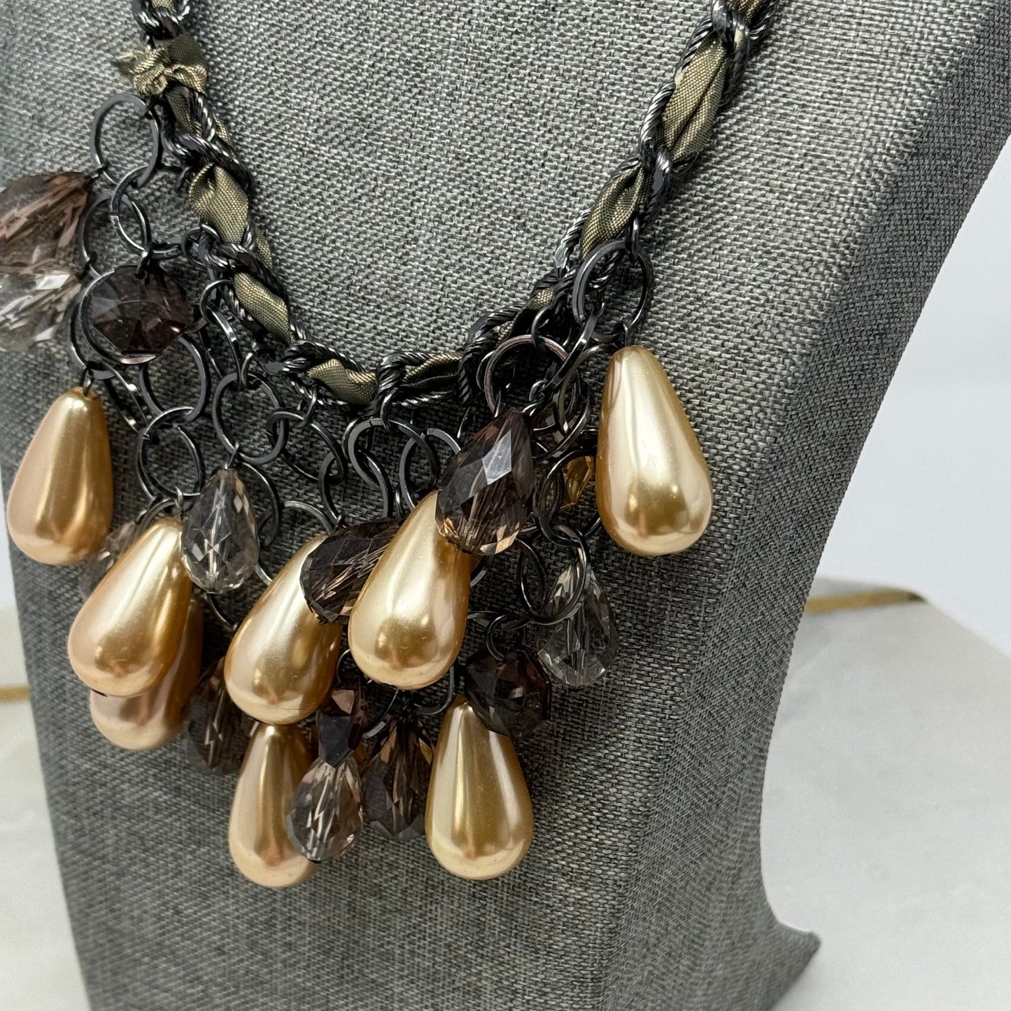 Necklace Boho Layer Statement Beaded Teardrop Faux Pearl Metallic 15”