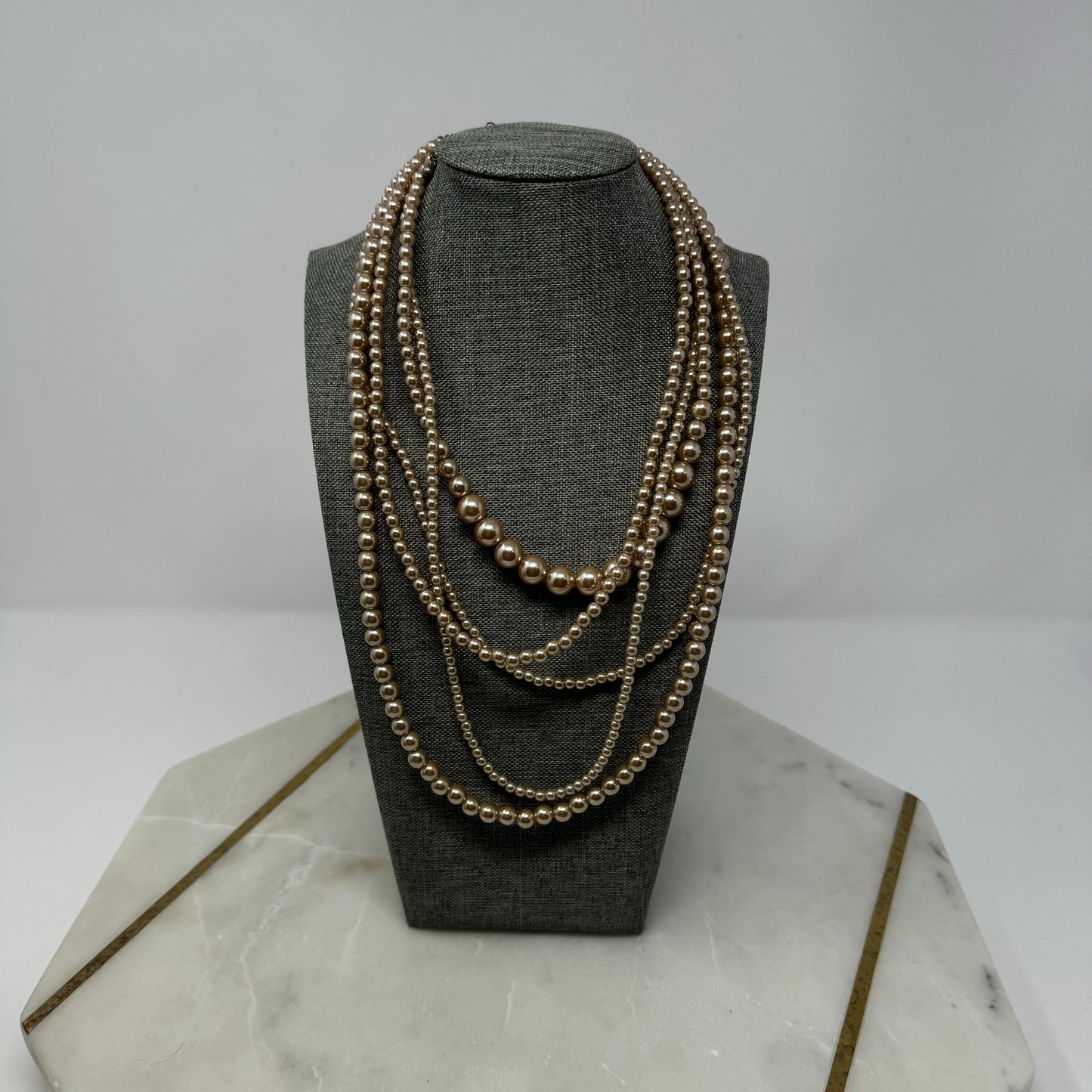 Necklace Statement Beaded Strands Faux Pearl Beige 18 in Costume Jewelry