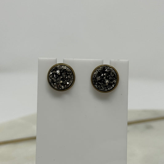 Sparkle Gun Metal Druzy Rock Crystal Stud Earrings