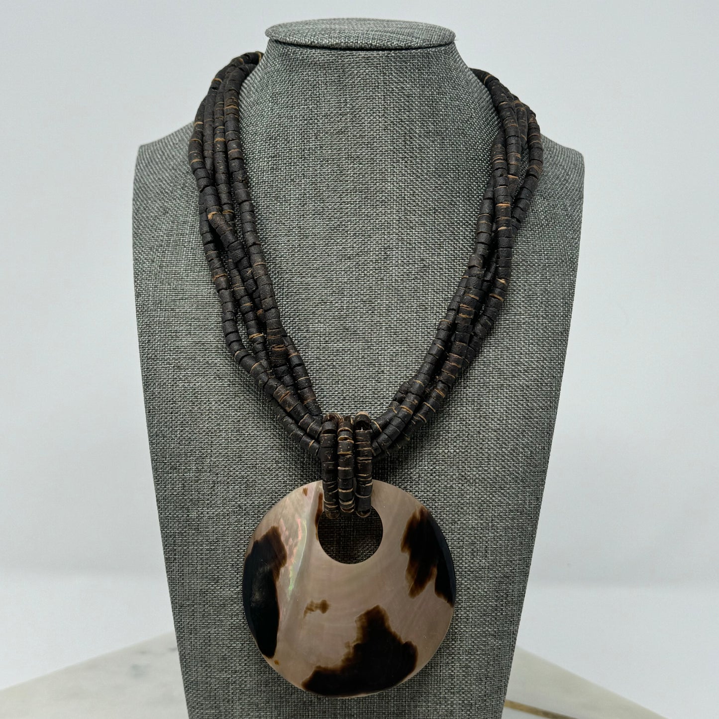 Boho Brown Beaded Necklace Large Shell Pendant Multi-Strand Brown Handmade Statement Jewelry