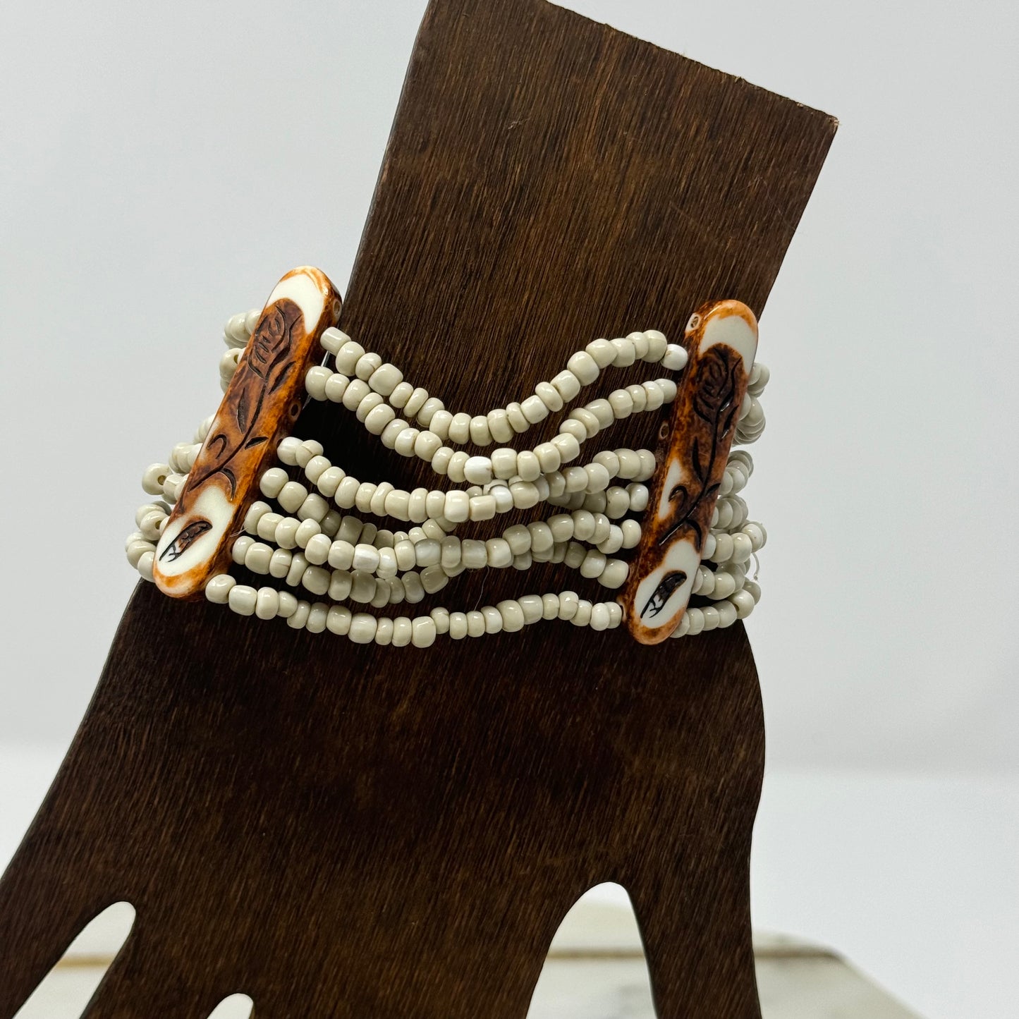 Bracelet Boho Statement Carved Rose Multi-Layer Seed Beaded Cuff 7 in