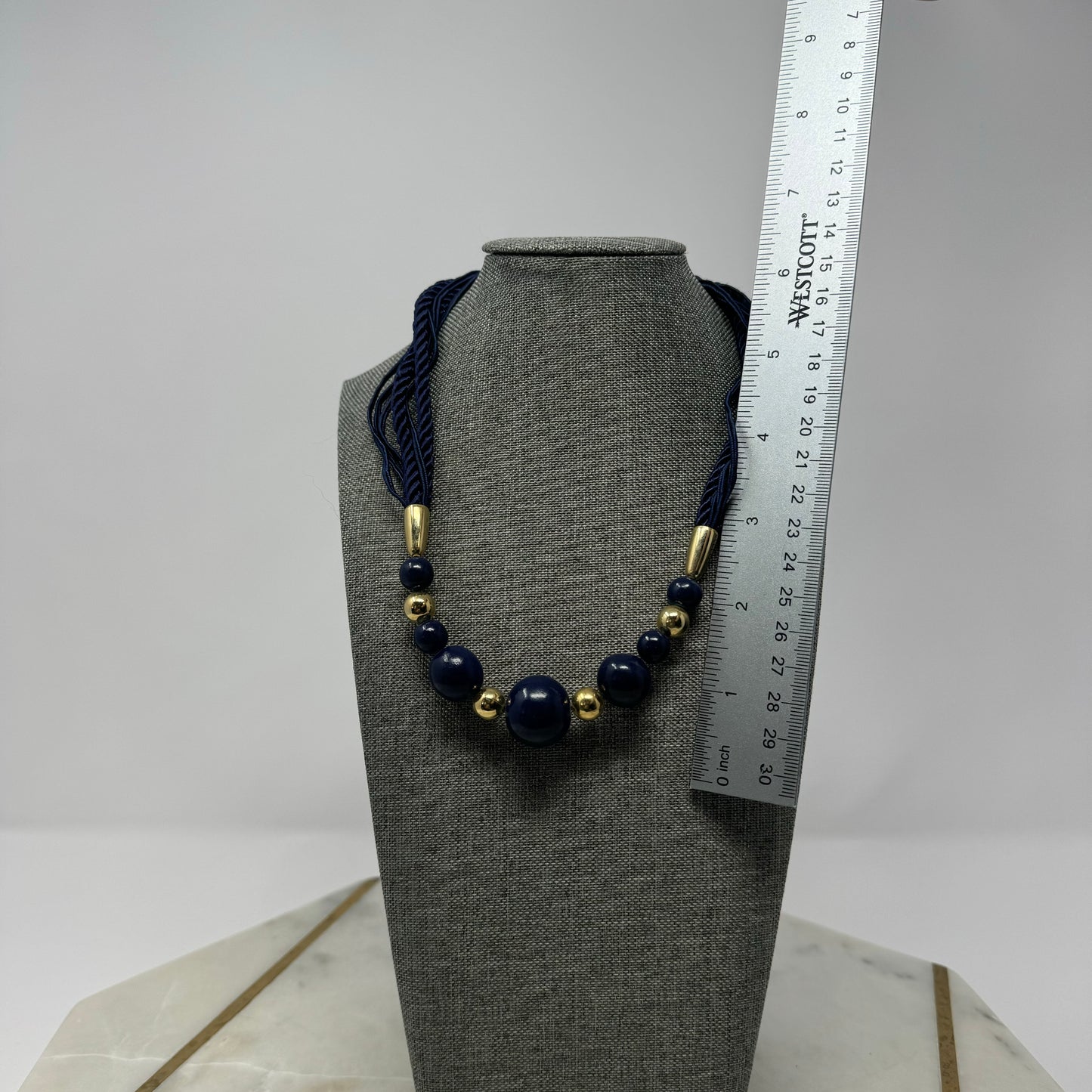 Elegant Blue & Gold Beaded Necklace with Multi-Strand Rope - Modern Statement Jewelry