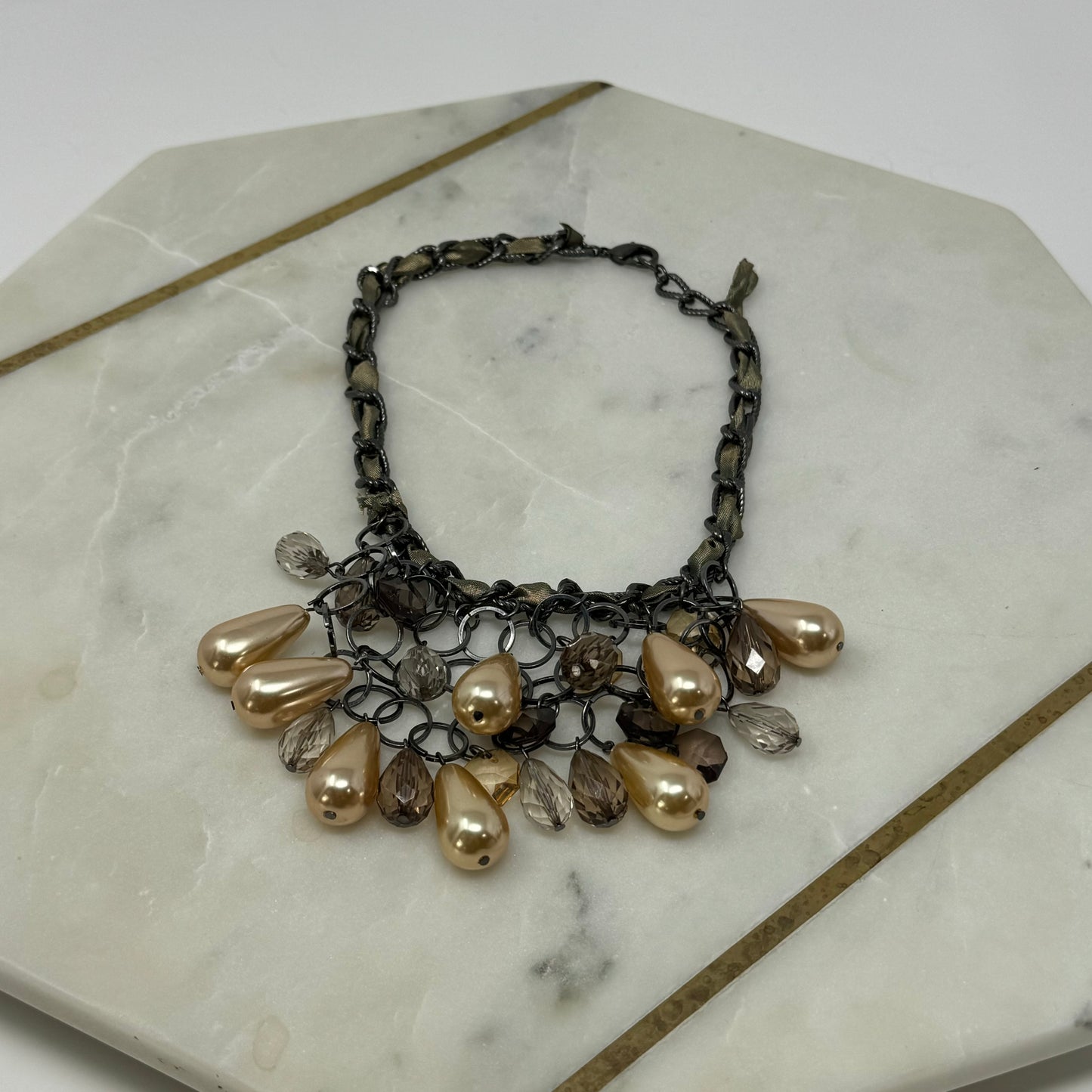 Necklace Boho Layer Statement Beaded Teardrop Faux Pearl Metallic 15”