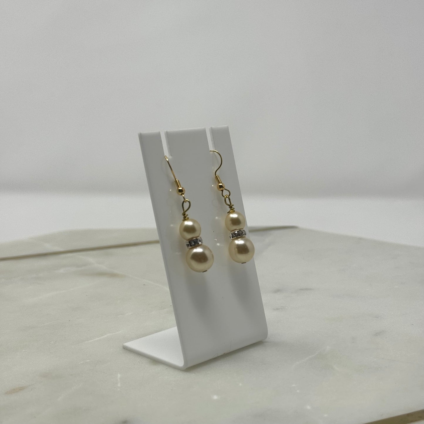 Gold Tone Pearl Rhinestone Accent Dangle Hook Earrings
