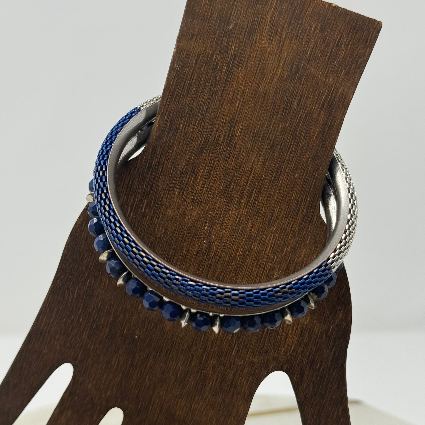 Elegant Blue Beaded Bracelet Set, Bangle Silver Accents, Fashion Jewelry