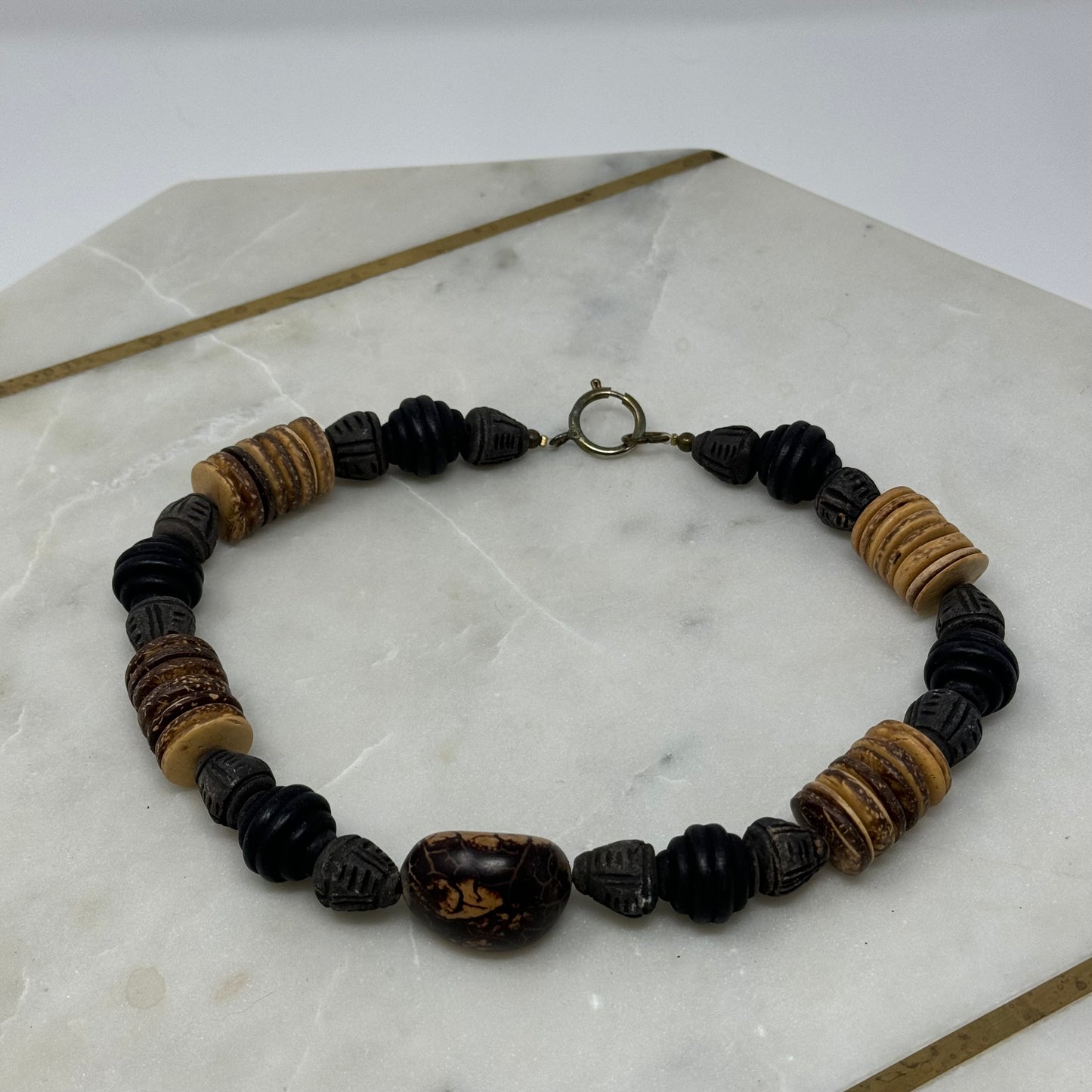 Necklace Boho Southwest Artesian Natural Black & Beige Beaded 18 in