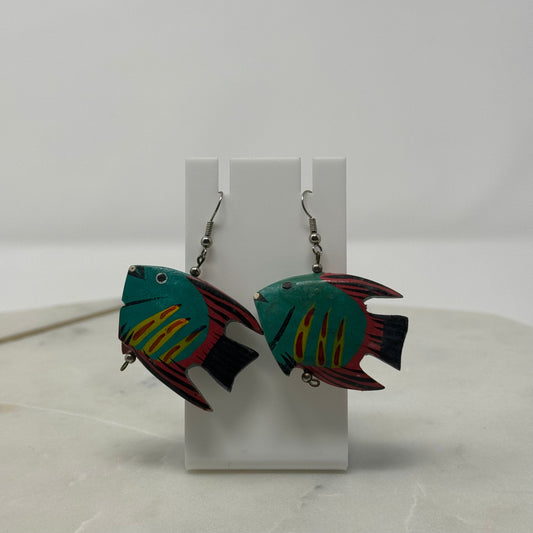 Vintage Vibrant Wood Fish Dangle Hook Earrings