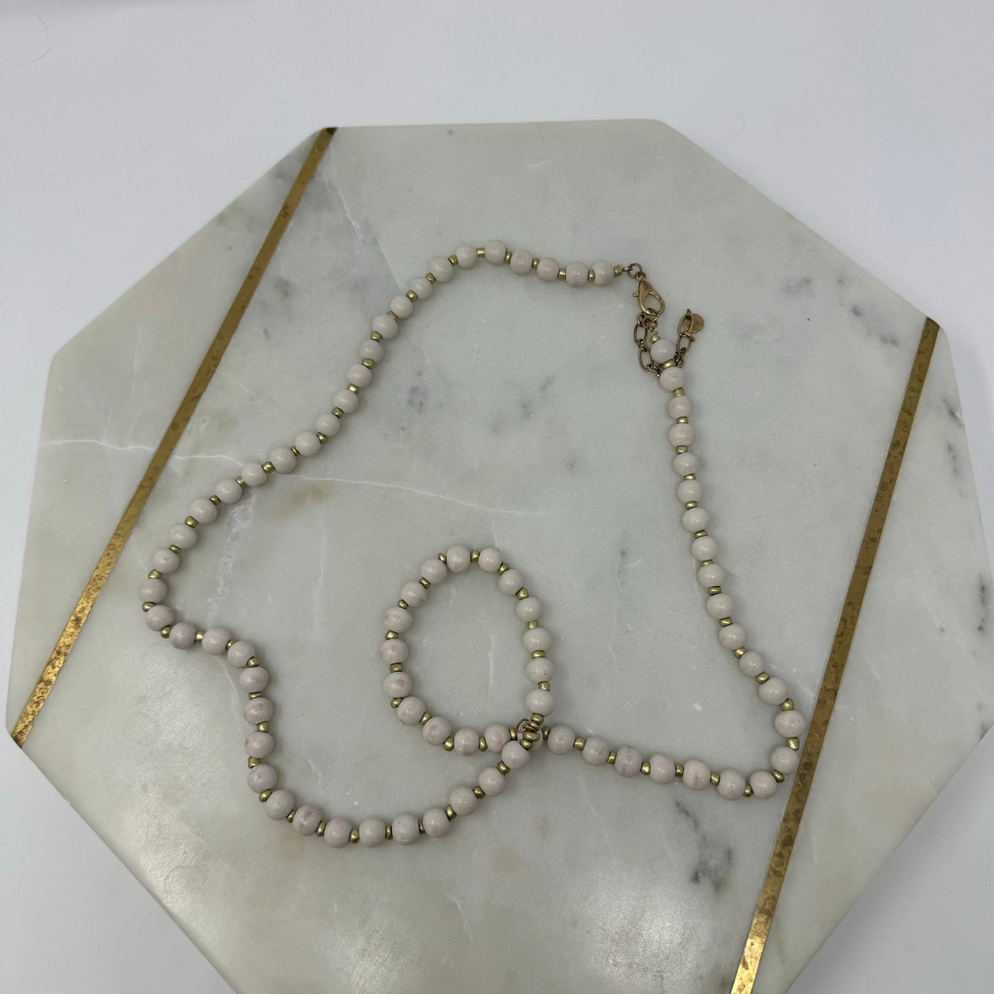 Necklace Boho Southwest Wood Beads White & Gold Tone Spacer 36 in