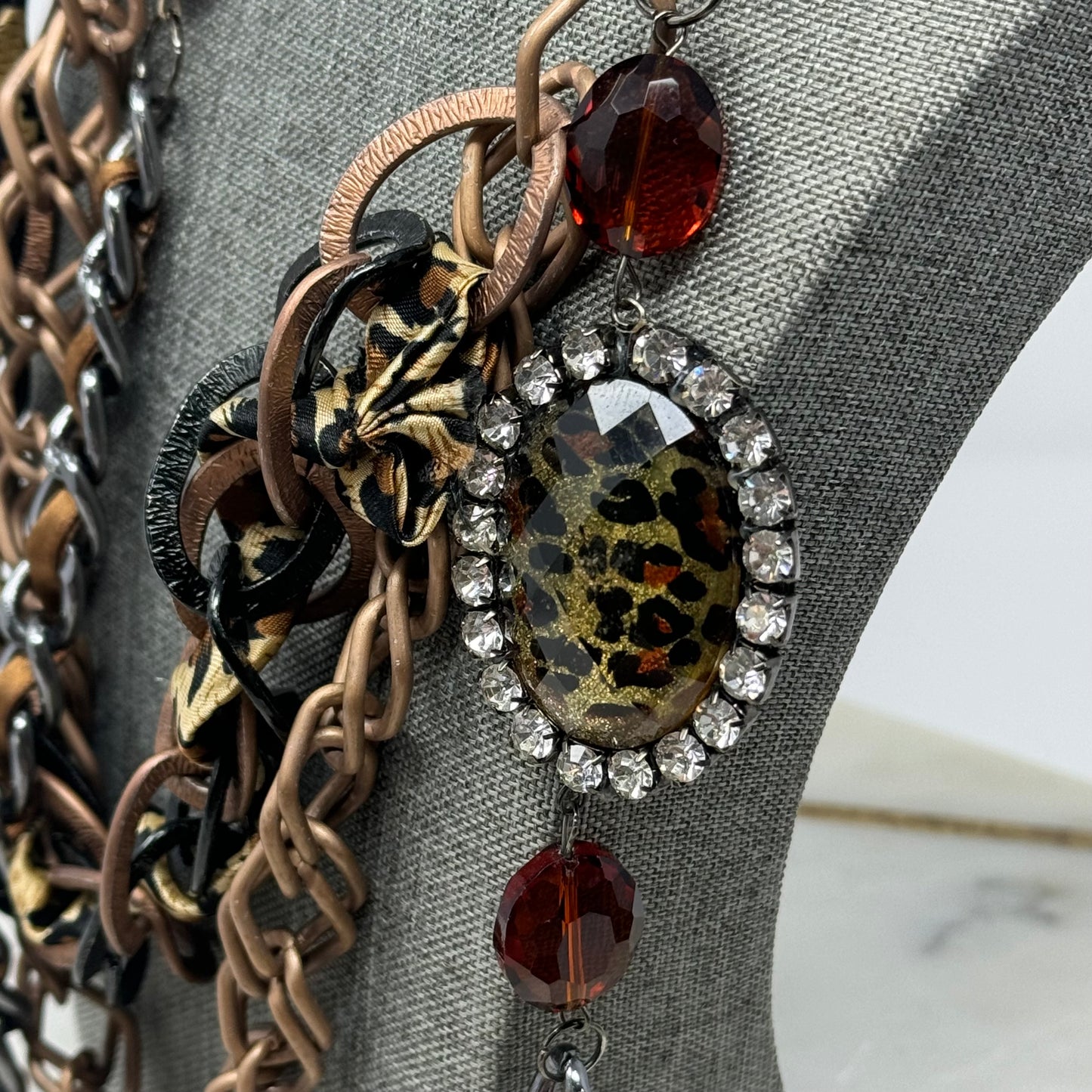 Necklace Statement Layered Chains Chunky Rhinestone Leopard Print Pendant Ribbon 18 in