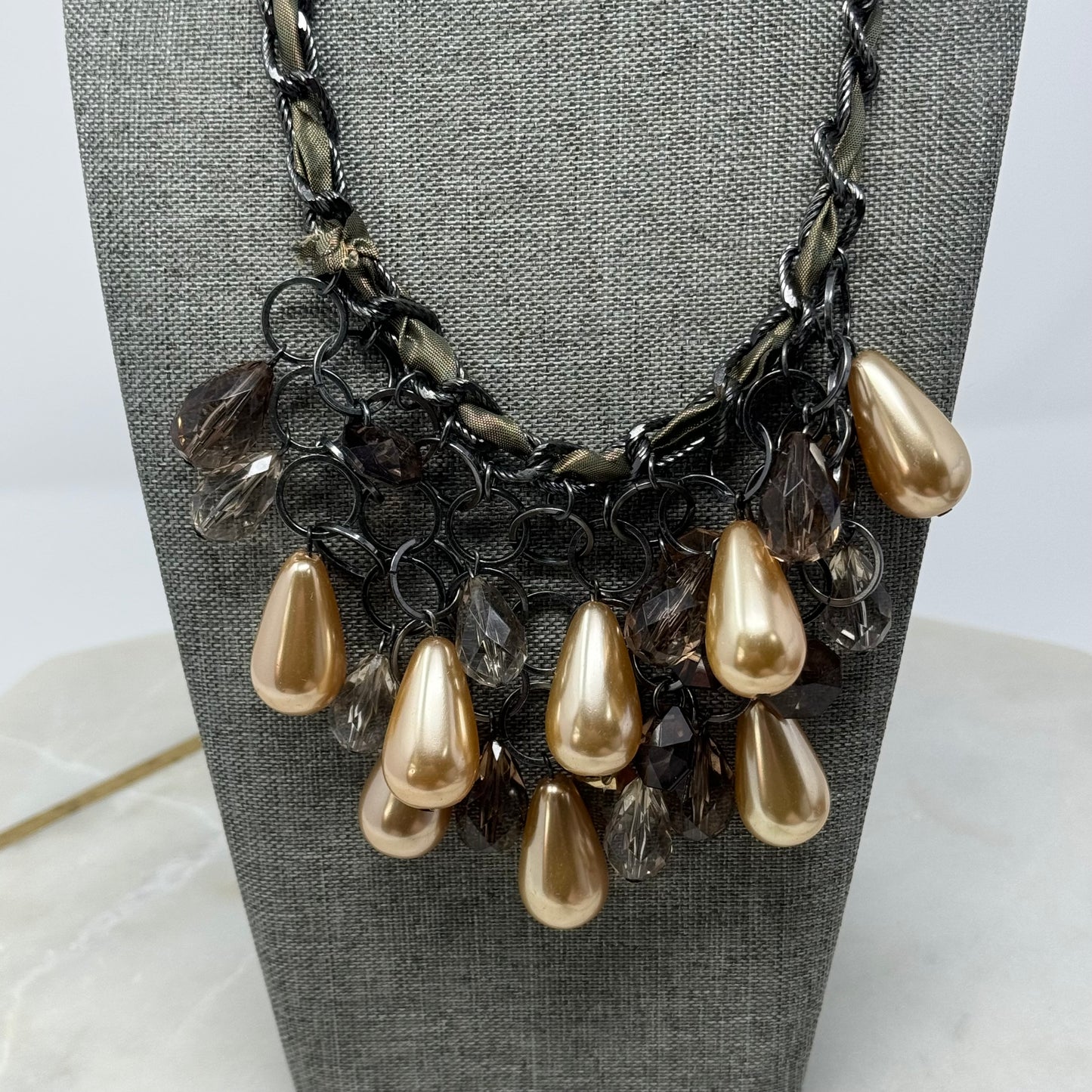 Necklace Boho Layer Statement Beaded Teardrop Faux Pearl Metallic 15”