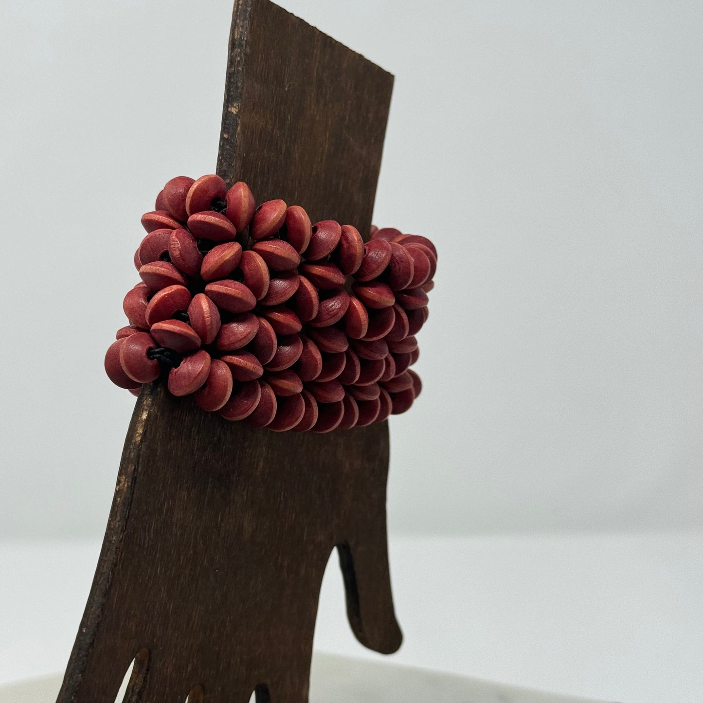 Bracelet Boho Southwest Beaded Cuff Wood Red Multi-Layer 7.75 in