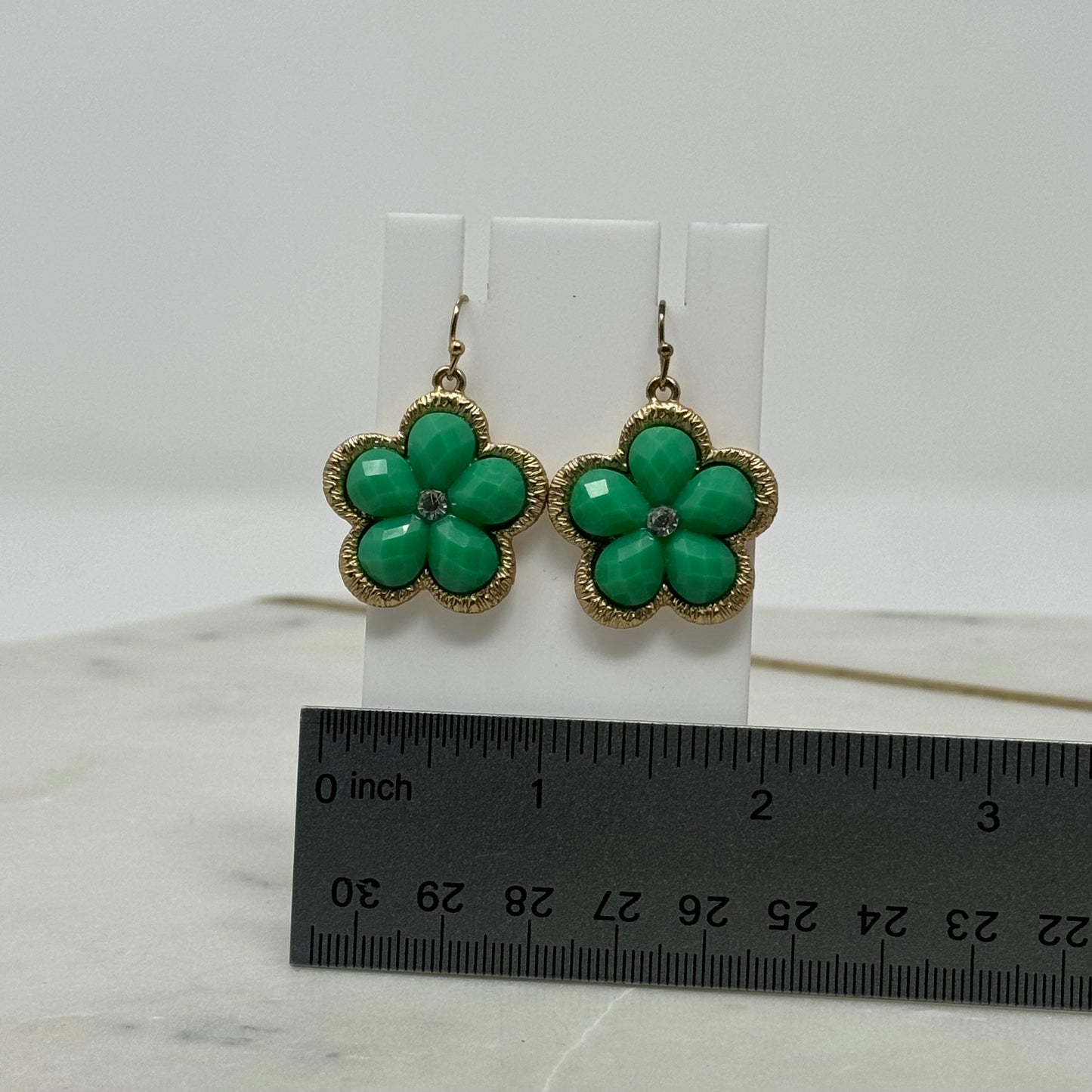 Green & Gold Flower Rhinestone Dangle Hook Earrings