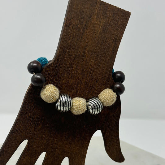 Bracelet Boho Beaded Strand Wood Canvas Stretch Bangle Brown Blue Beige 8 in