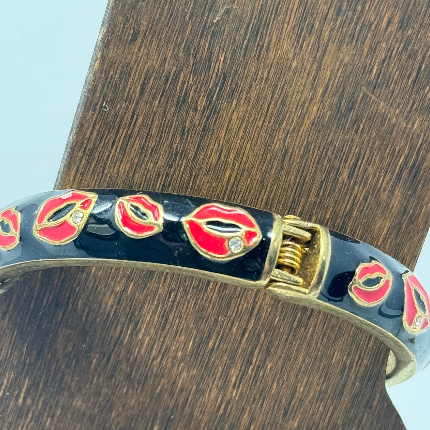 Betsy Johnson Black Enamel Bracelet with Red Lip Design Statement Jewelry