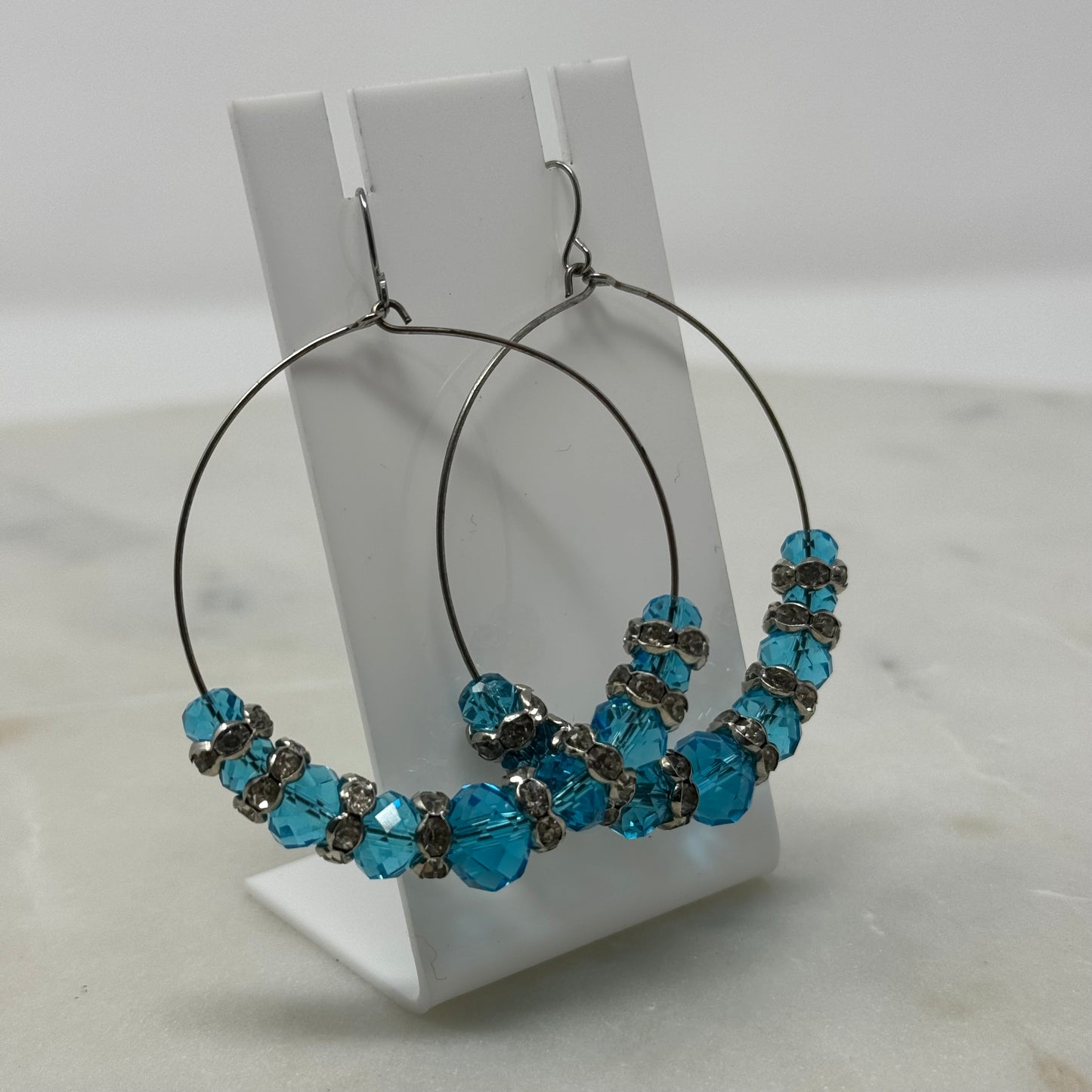 Blue Beaded Sparkle Dangle Hoop Earrings