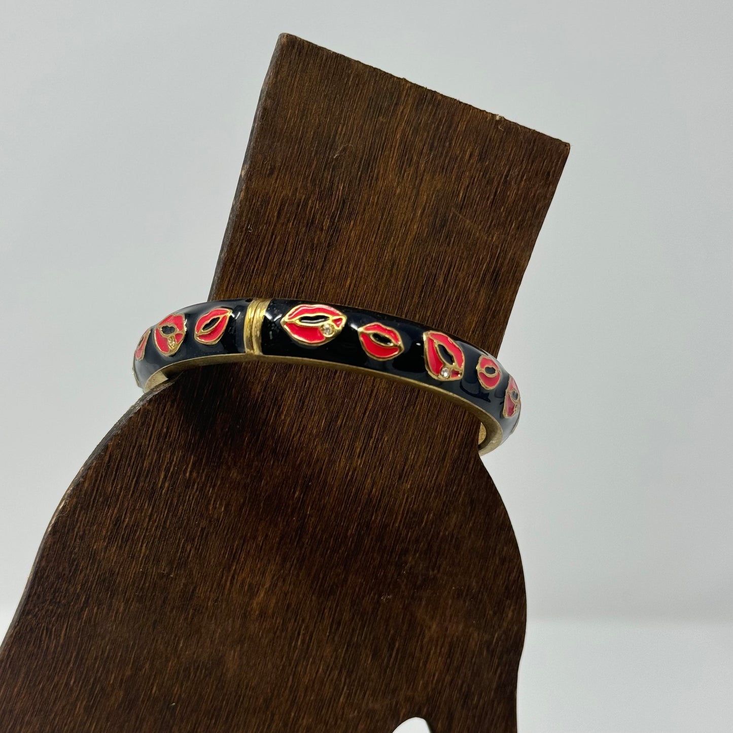 Betsy Johnson Black Enamel Bracelet with Red Lip Design Statement Jewelry