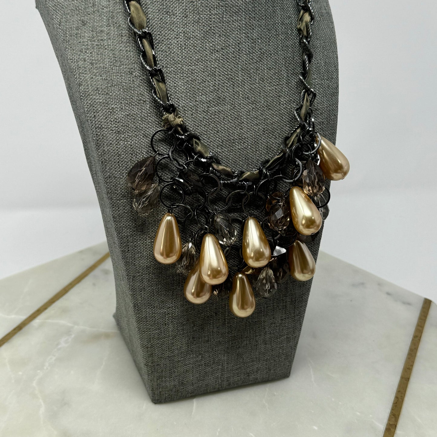 Necklace Boho Layer Statement Beaded Teardrop Faux Pearl Metallic 15”
