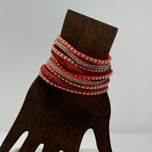 Bracelet Boho Southwest Layer Orange Faux Leather Rhinestone Cuff 9.25 in