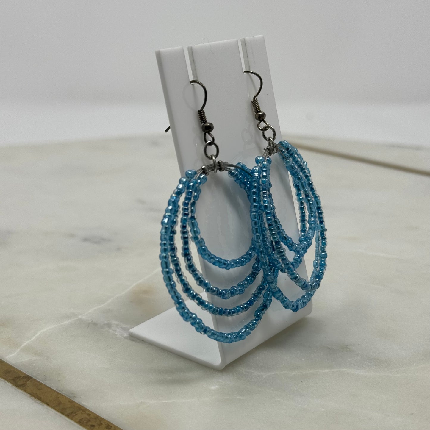 Blue Beaded Dangle Multi Layer Hoop Earrings
