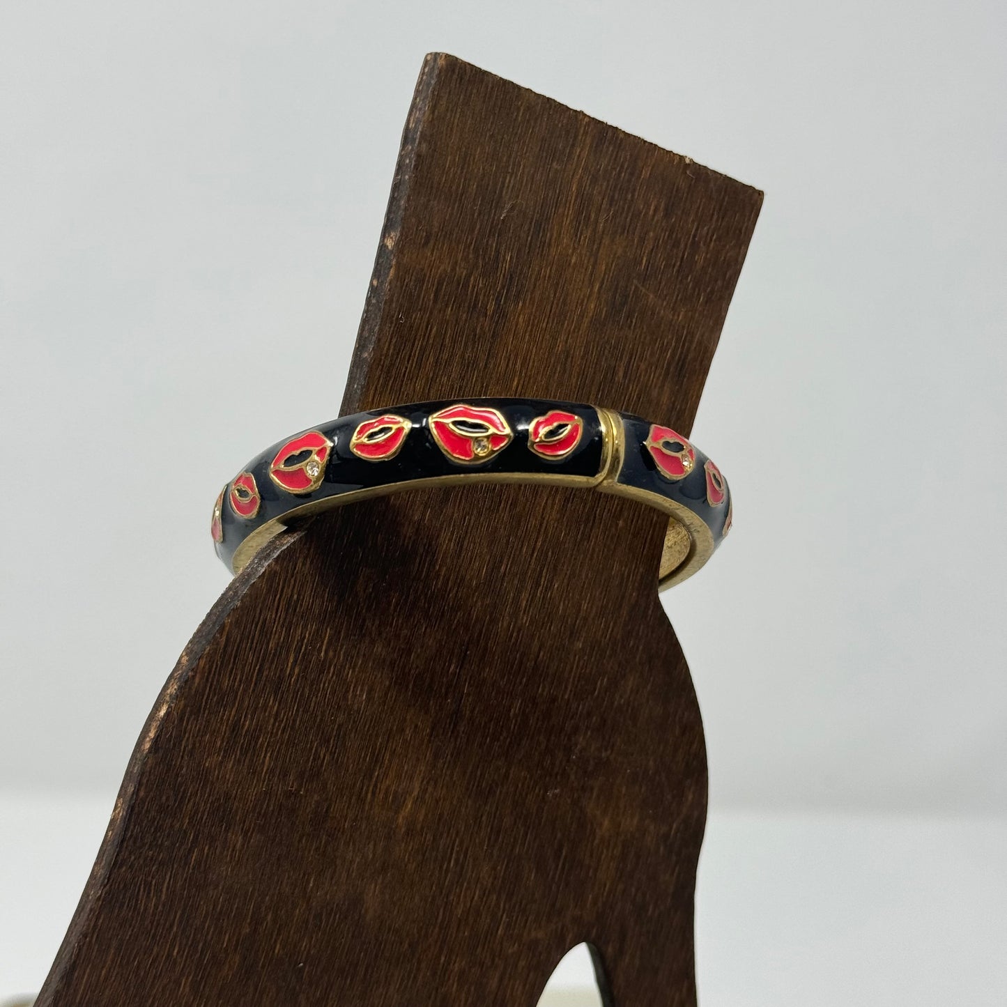 Betsy Johnson Black Enamel Bracelet with Red Lip Design Statement Jewelry